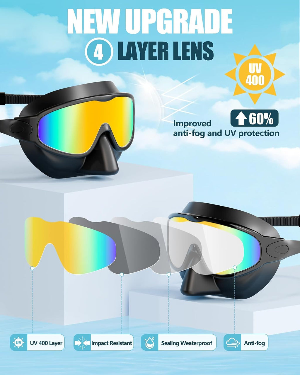 Aegend Swim Goggles with Nose Cover, 2 Pack Wide View Swimming Mask Anti-Fog/UV