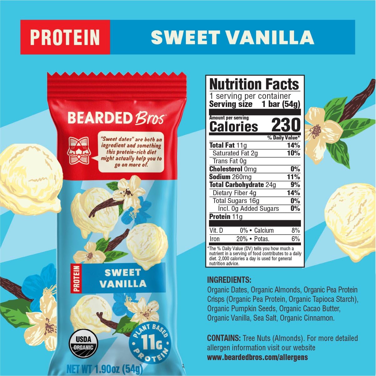 Bearded Brothers Organic Vegan Protein Bars - Gluten & Soy Free, Paleo, Whole 30 | Non GMO, Low Glycemic, High Protein, Fiber (10 Pack, Variety)