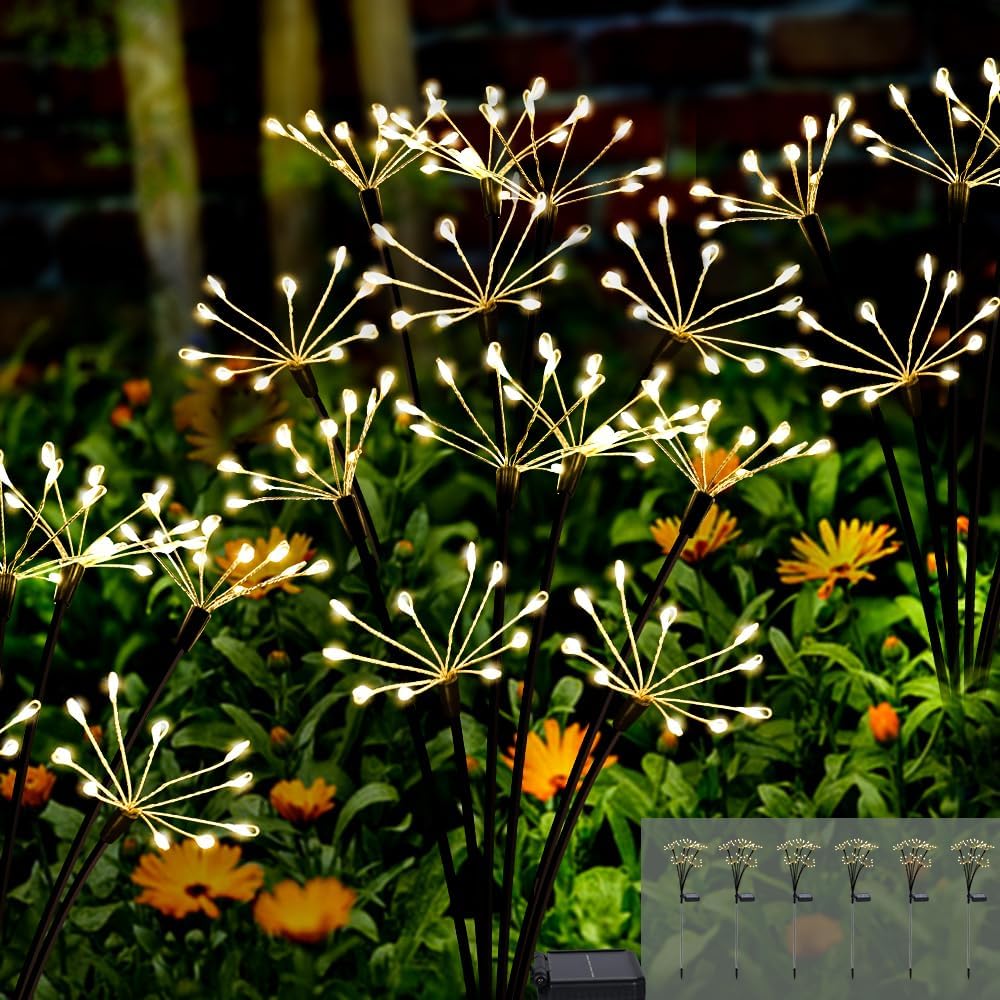 Kwaiffeo Solar Garden Lights 120 LED Decorative Firework Lights 2-Pack Warm