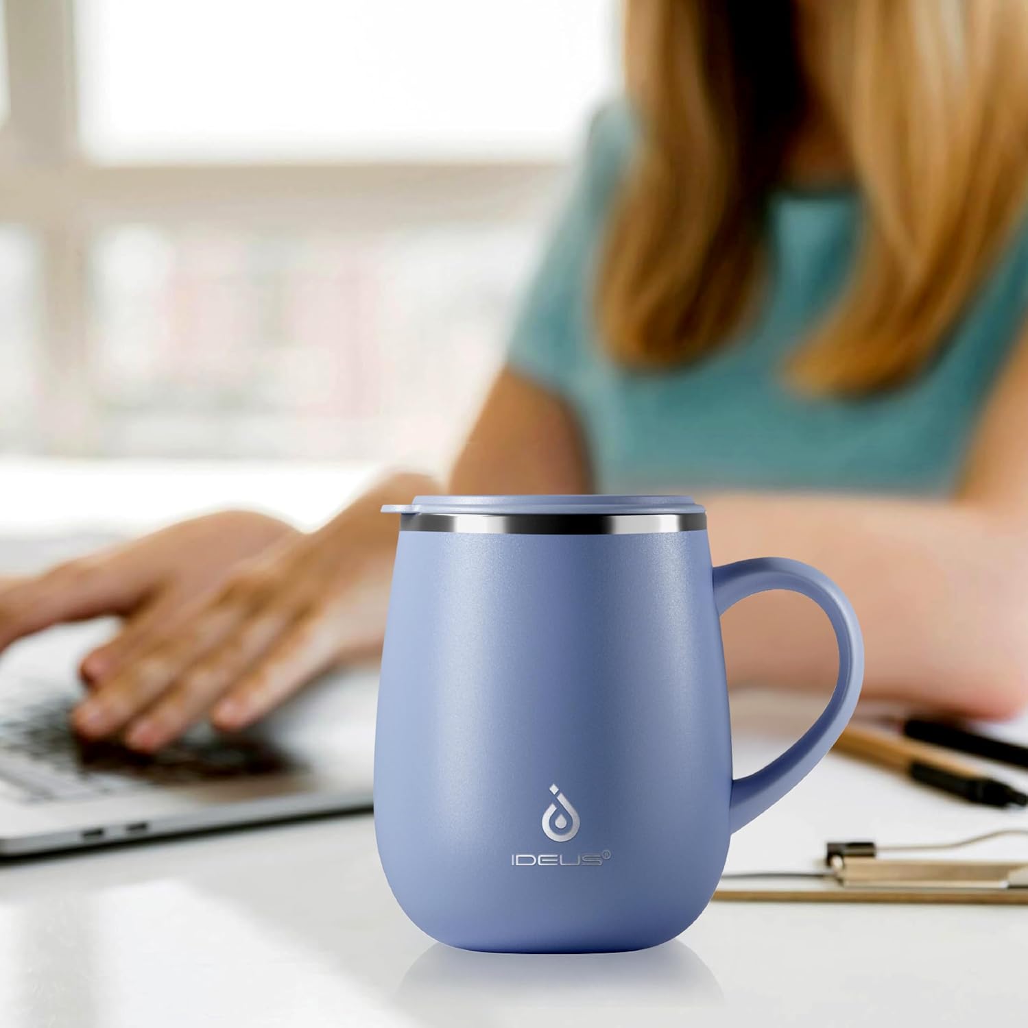 Ideus 16 oz Insulated Coffee Mug with Lid and Handle (Ocean Blue 2.0)