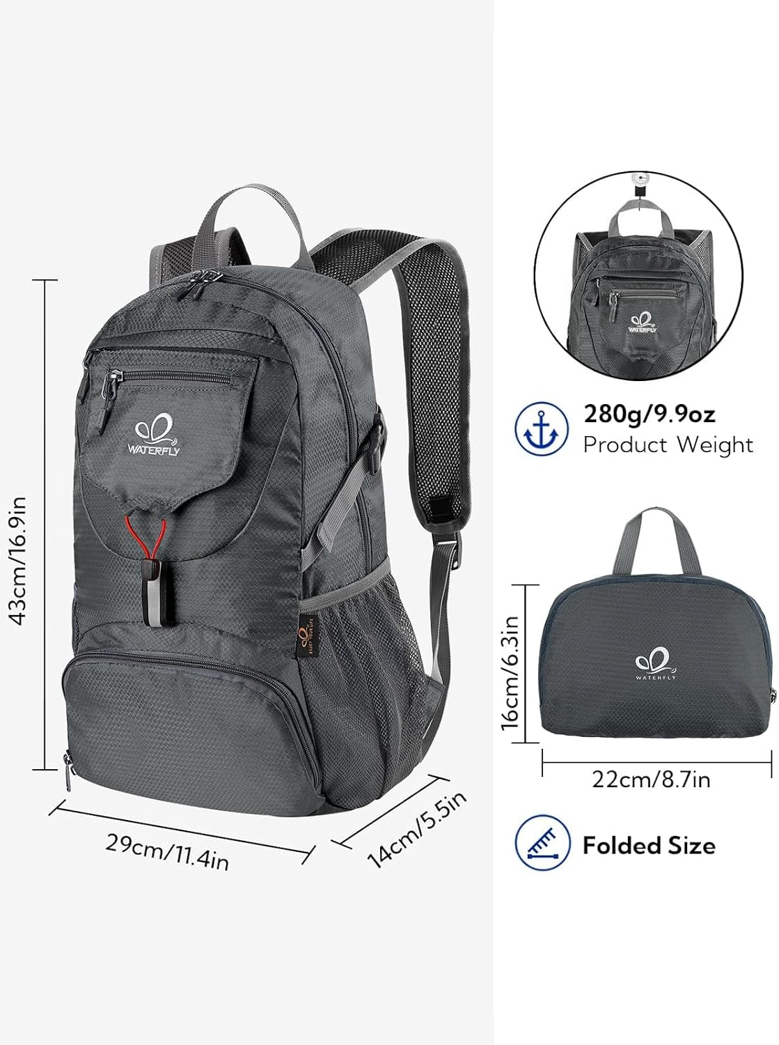 WATERFLY Small Lightweight Packable Backpack: 20l Hiking Daypack Man Woman
