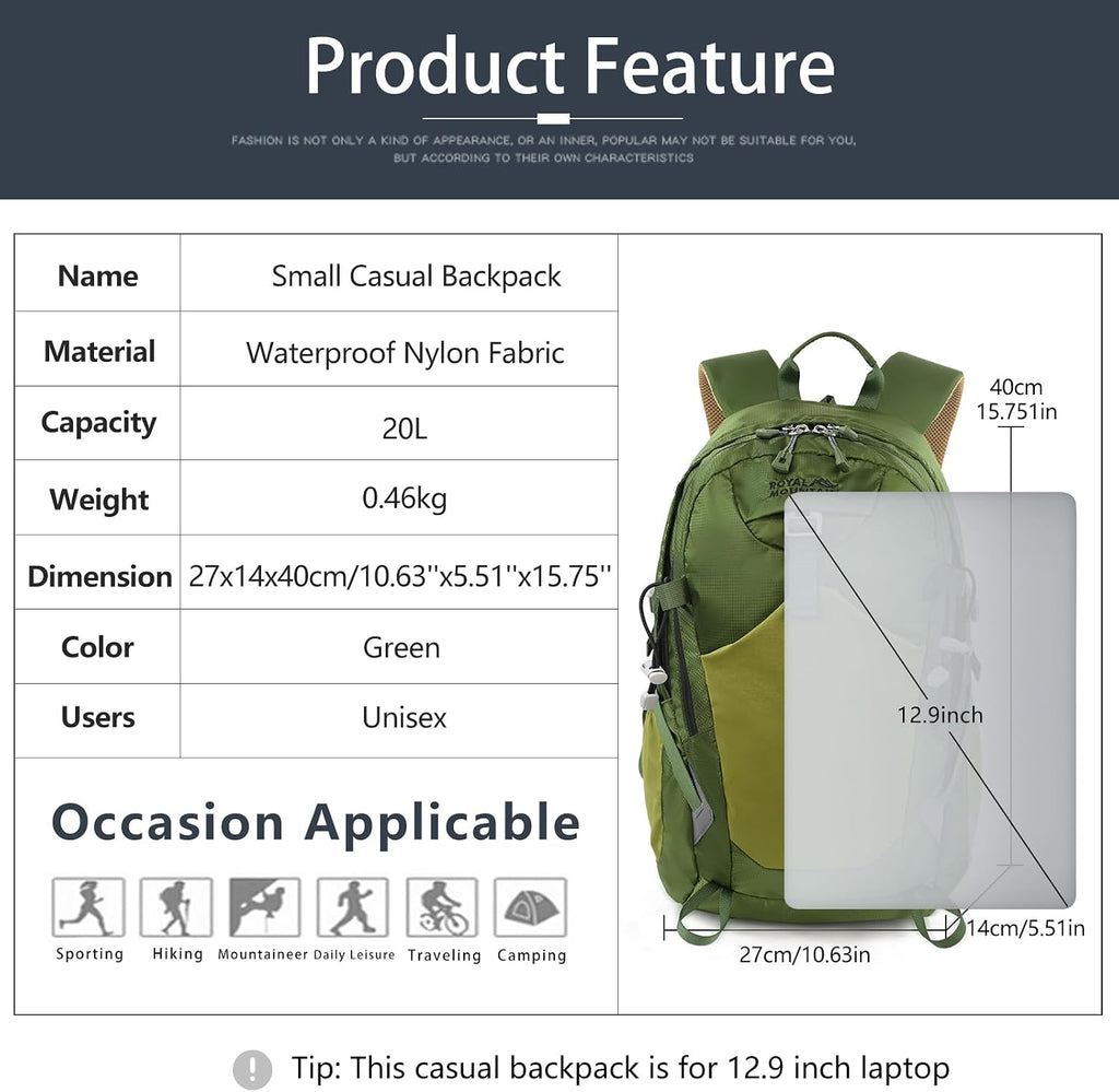 20L Hiking Backpack With Rain-Cover, Lightweight Packable Backpack For Women Men, Hiking Daypack Backpacks Fit For Camping, Sports, Daily Commuting, Short Trips (Green)