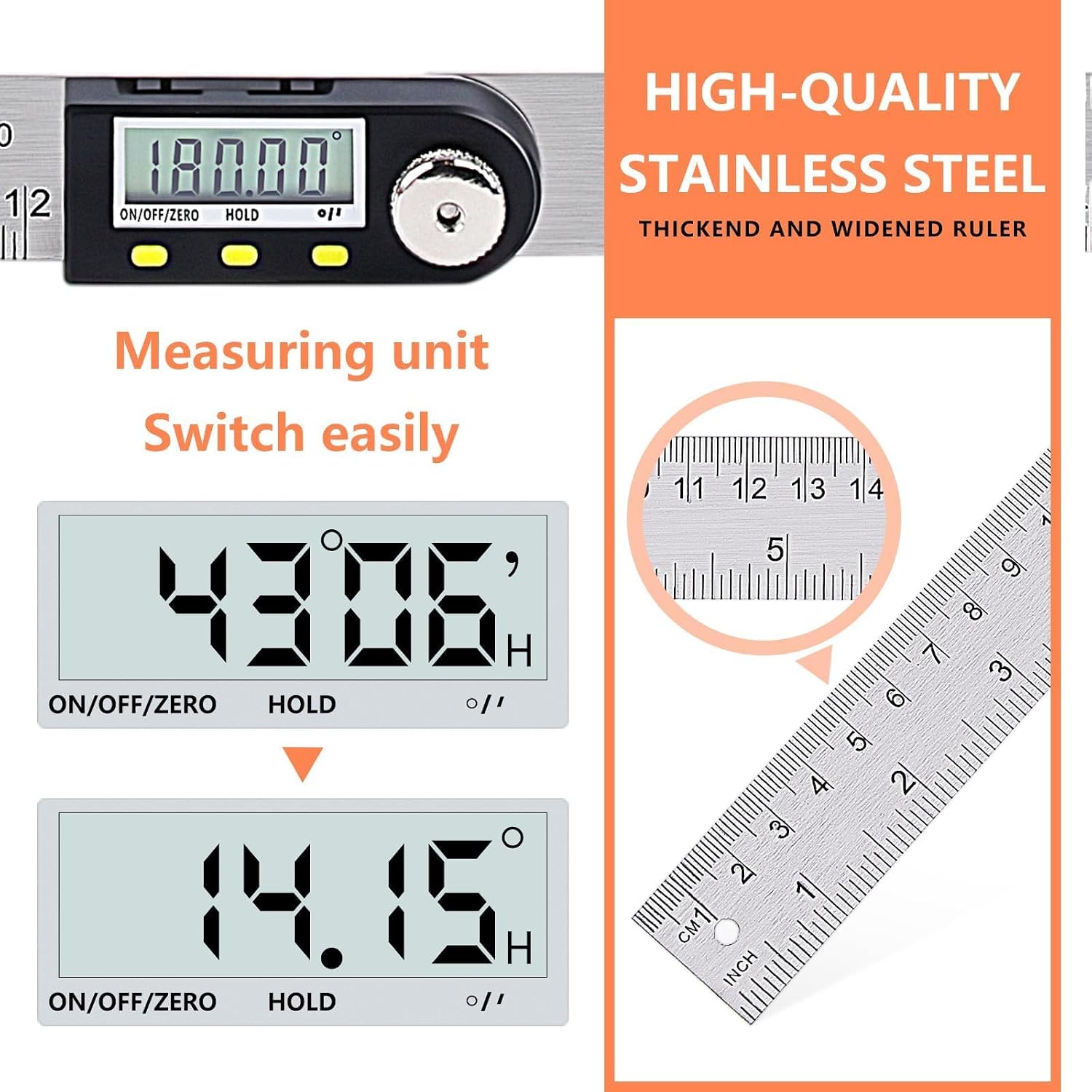 Yanguotool Digital Angle Ruler: 300mm/12-Inch Protractor Finder with Stainless Steel Ruler, Ideal for Woodworking, Construction, Level Measuring