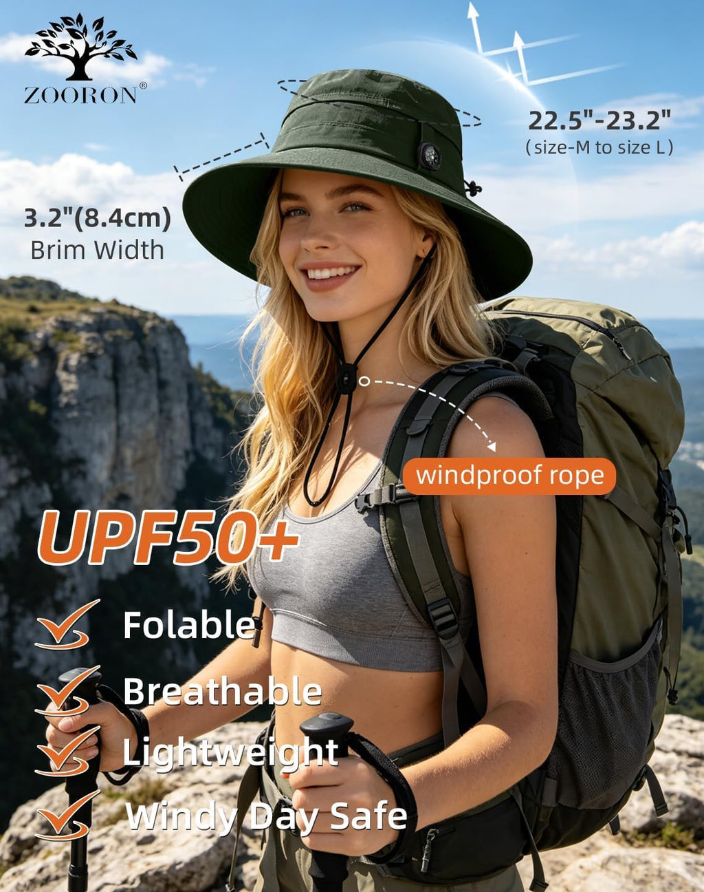 ZOORON Sun Hat for Men Women Detachable Compass, Boonie Hats UPF 50+ Fishing Hat, Lightweight Foldable Bucket Hats