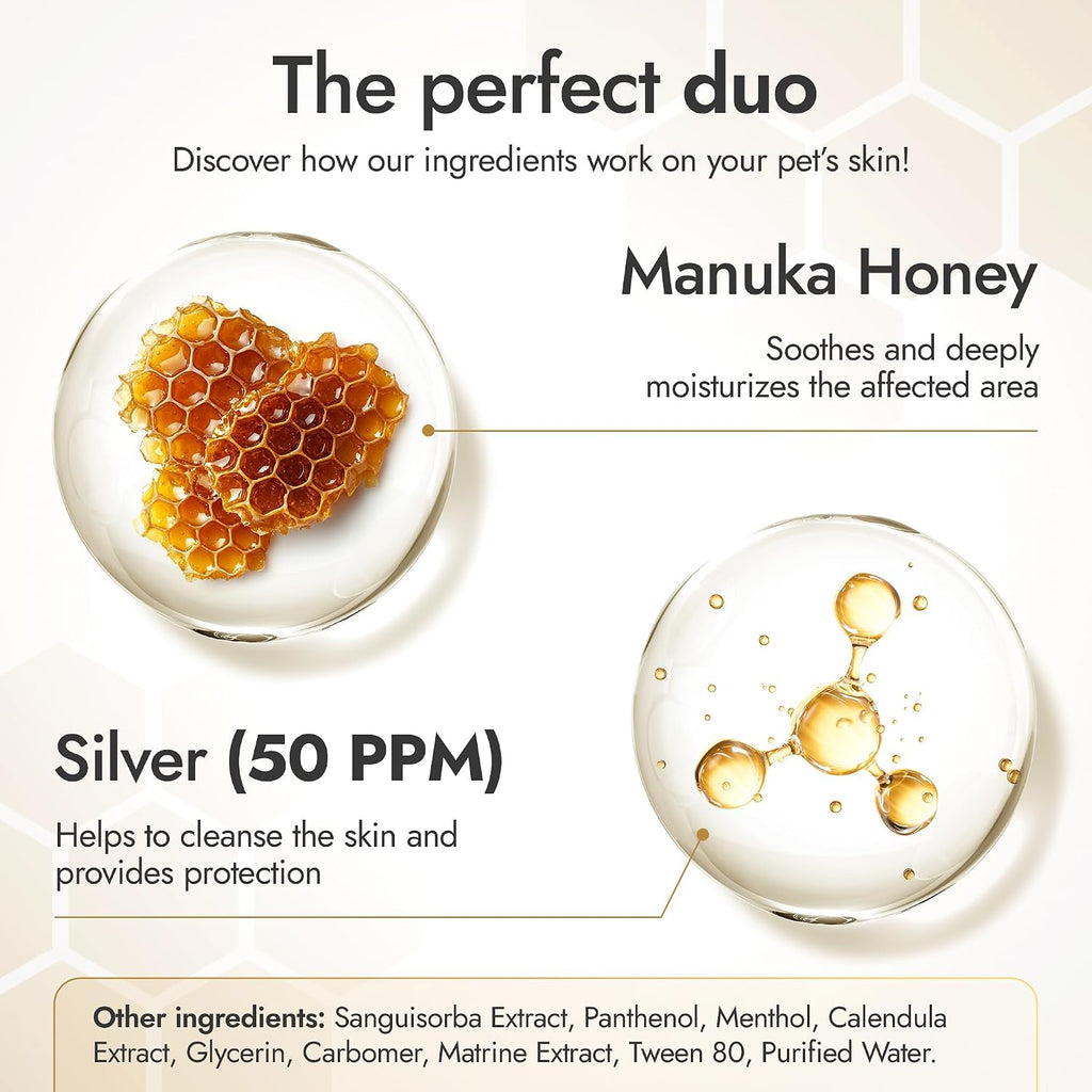 Manuka Honey Wound Gel for Hot Spot Treatment for Dogs and Cats – Helps with Irritations, Cuts, Rashes, Abrasions, and Scrapes – Colloidal Silver for Dogs 2 oz