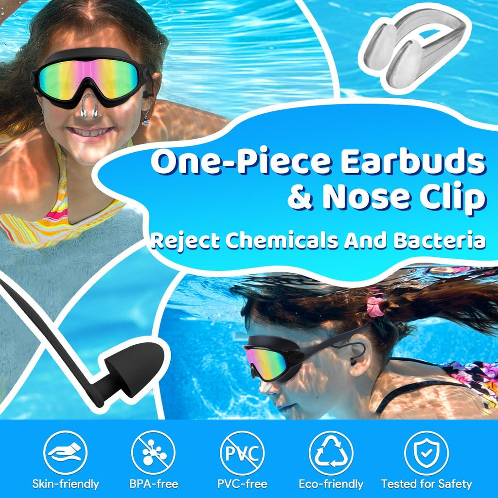 Kids Swim Goggles for 3-15, Kids Goggles with Earplugs& Nose Clip Wide View