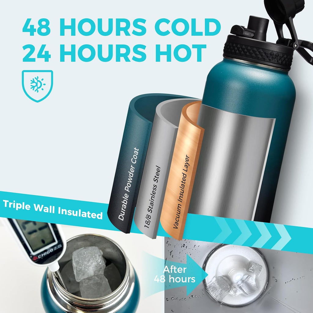 32/40/64OZ Insulated Water Bottle - Keep Cold 48H Hot 24H, Combo Straw/Spout Lids, Paracord Handle for Gym/Hiking, Carrier Bag +Strap, Cup Mat, BPA-Free Stainless Steel Flask Jug