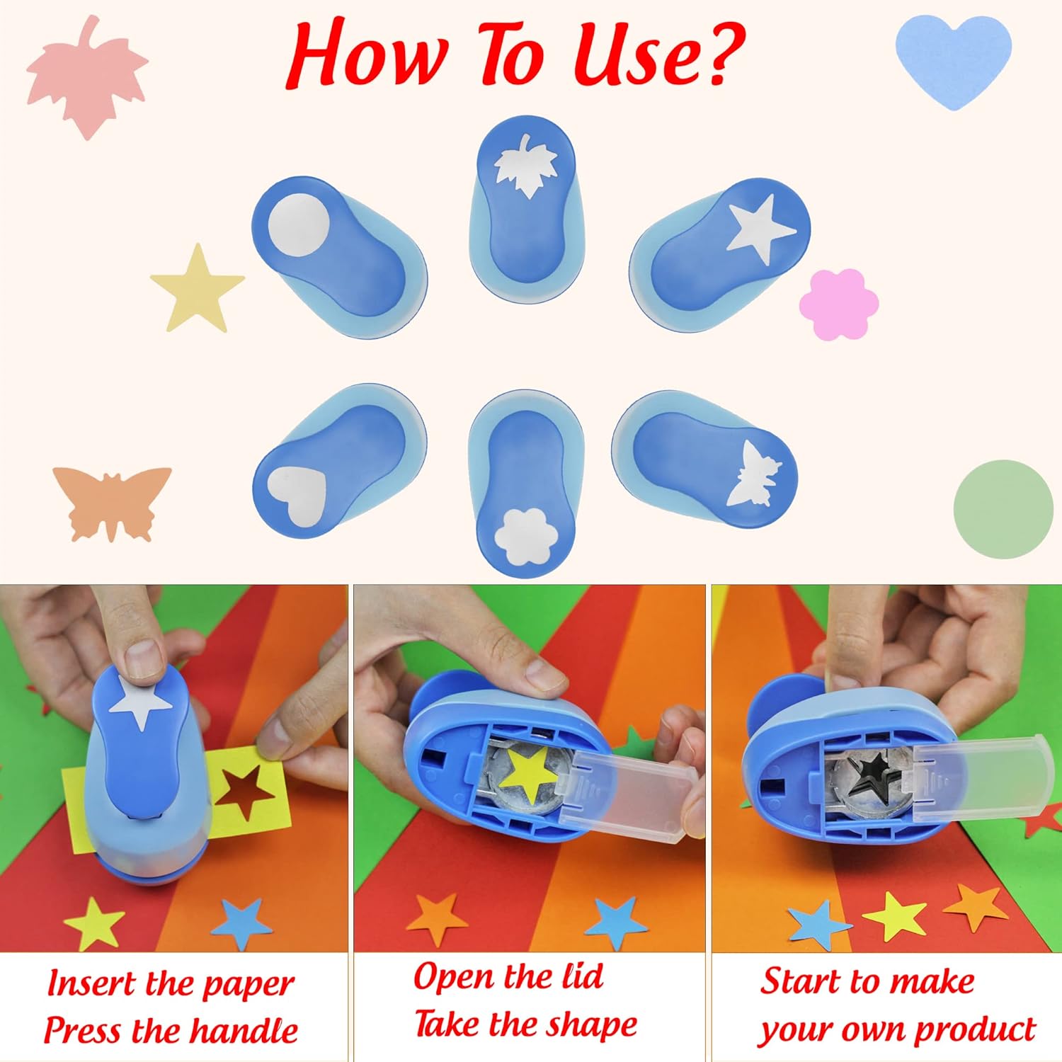 ECOHU Set 6 Craft Hole Punch 1-inch, Craft Punchers - Heart, Circle, Star, Butterfly, Maple Leaf, Flower Paper Punch Sets for Crafting & DIY Projects. (Set 6)