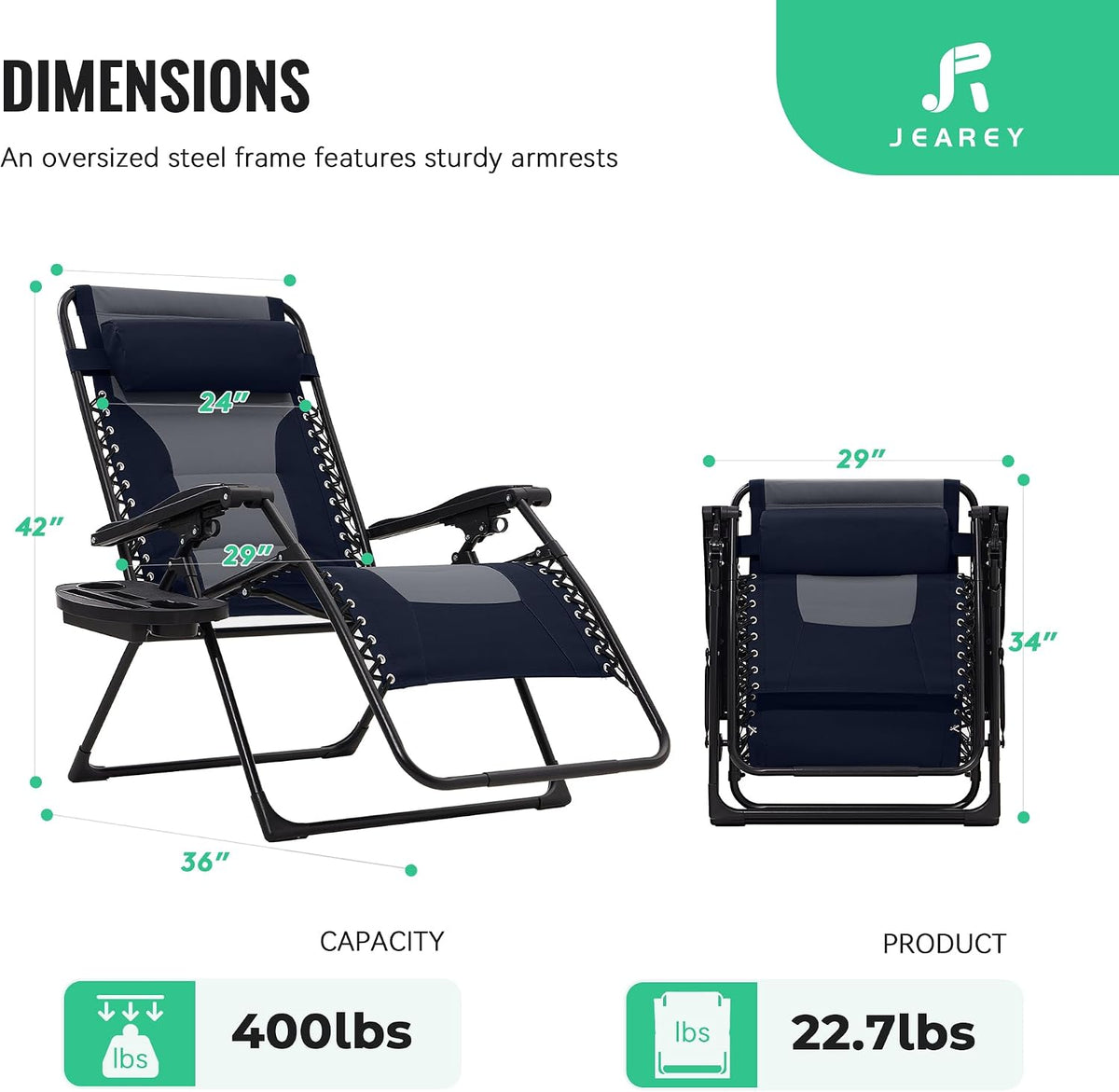 JEAREY Zero Gravity Chair, Oversized Padded Recliner - Navy/Gray