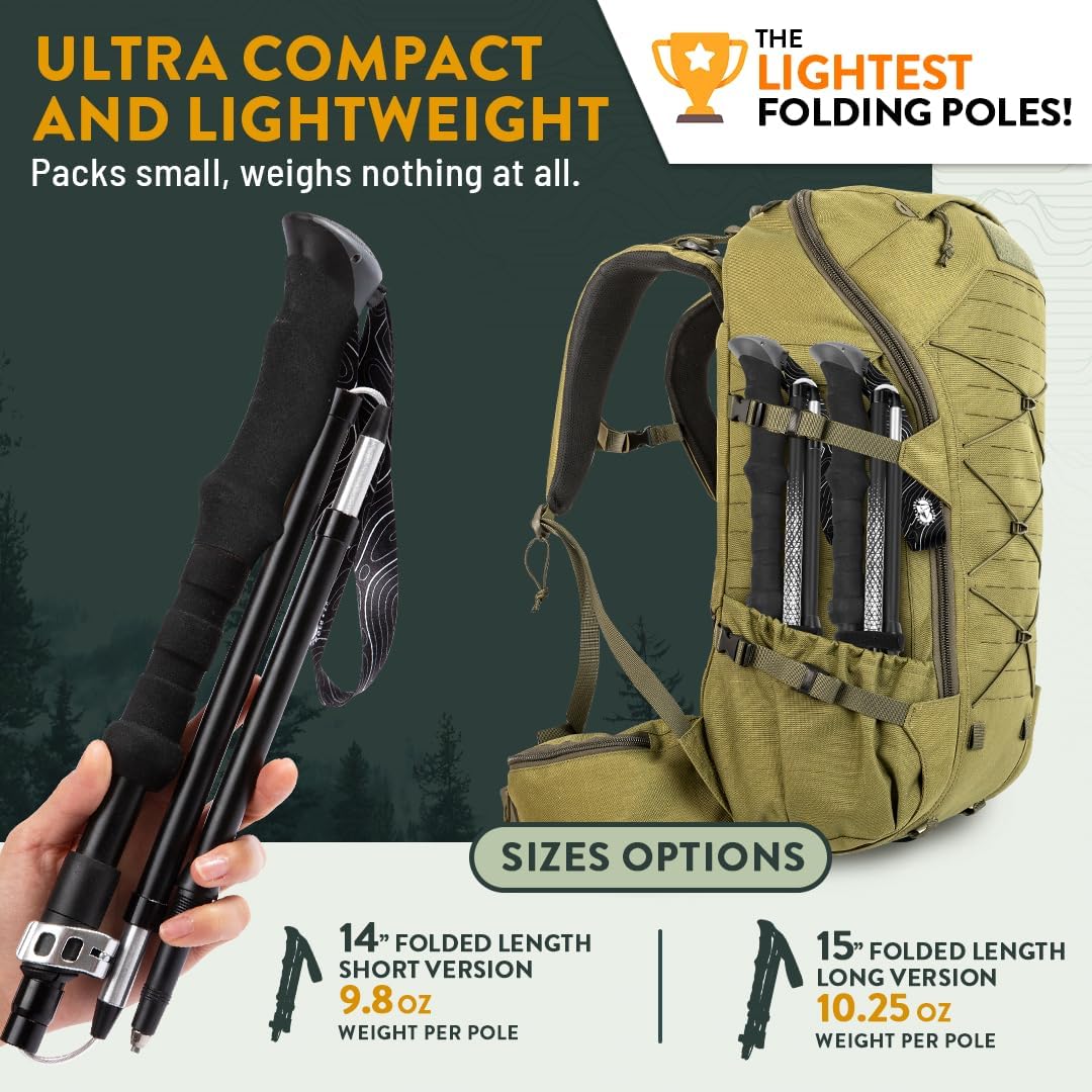 Premium Foldable Hiking Poles by USA Brand - Adjustable, Lightweight Trekking Poles Made of Aircraft Aluminum, Metal Locks Cork EVA Grips