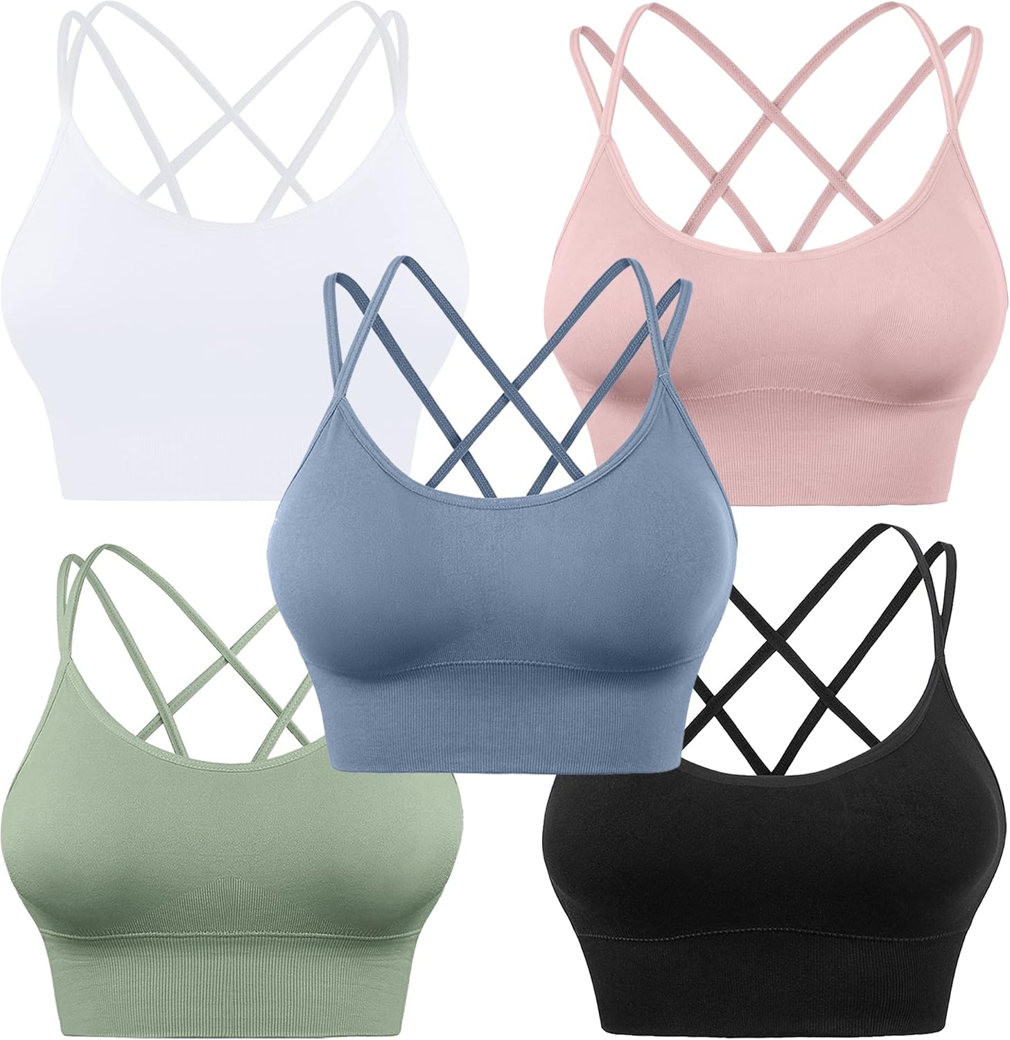 Women's Cross Back Sport Bras, Padded Strappy Seamless Low Impact 3-5 Pack
