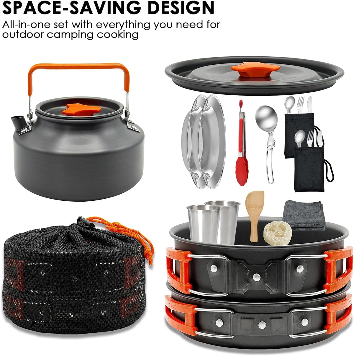 18Pcs Camping Cookware Mess Kit, Non-Stick Lightweight Camping Pots and Pans with 1.1L Kettle, 2 Set Stainless Steel Cups Plates Forks Knives Spoons for Backpacking, Hiking, Outdoor Cooking