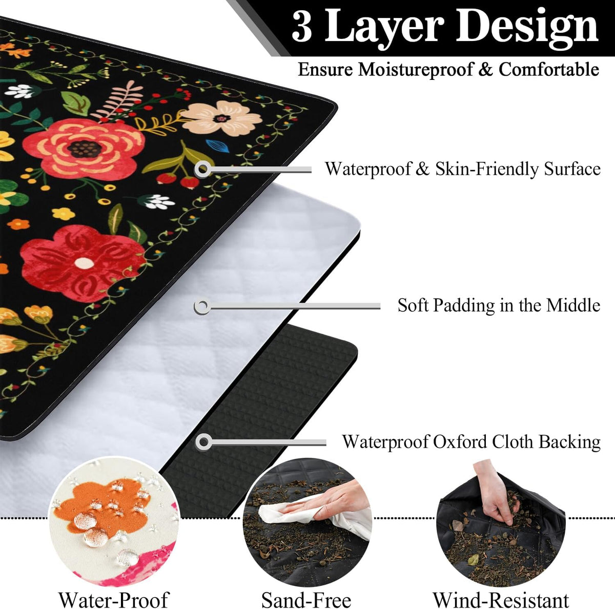Picnic Blankets Waterproof Foldable Extra Large,80"x 80" Outdoor Beach Blanket Sandproof,3-Layer Lightweight Handy Mat Tote Picnic Camping Rugs for Outside Your Rv (Boho Vintage Floral Black)