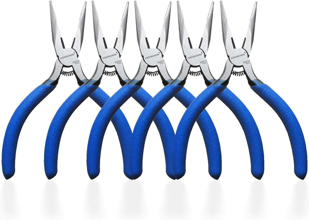 KAIHAOWIN 5" Mini Needle Nose Pliers - 5 Pack, Precision Small Long Nose Pliers for Jewelry Making & Wire Cutting, Spring Loaded Thin Needle Nose Pliers Set, Rustless High Carbon Steel