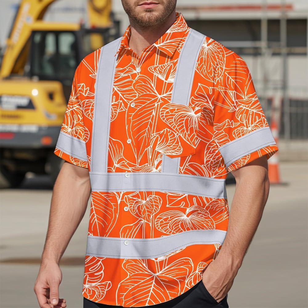 High Visibility Hawaiian Shirt for Men Tropical Shirts Custom Name Floral Outfit Reflective Safety Workwear