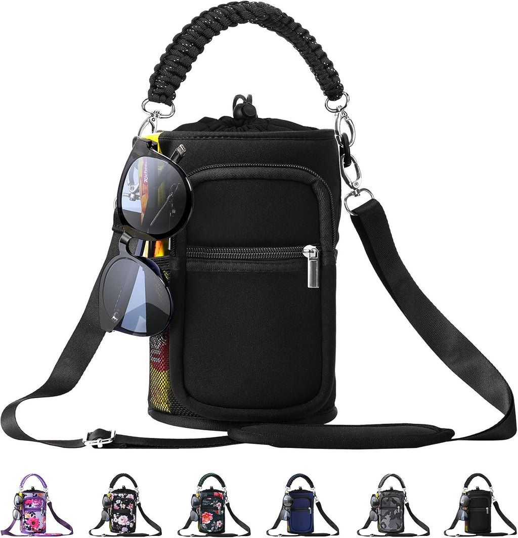 AceTreker 32/40/64/87/128 oz Water Bottle Carrier Bag, Neoprene Water Bottle Sleeve with 4 Pocket, Sport Water Holder with Paracord Handle and Shoulder Strap for Walking Hiking Camping Gym
