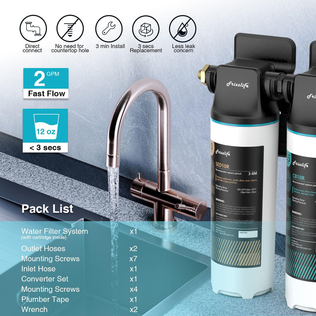 Frizzlife DW10 Under Sink Water Filter System, NSF/ANSI 53&42 Certified Elements, Reduces 99.99% Lead, Chlorine, Fluoride, Bad Taste & Odor, Direct Connect, 0.5 Micron, USA Tech