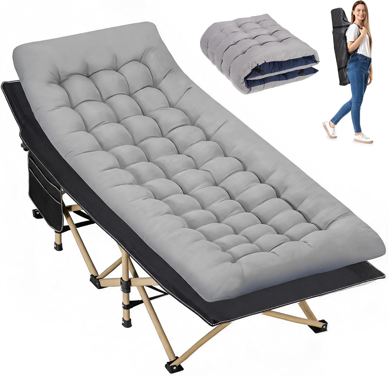 Folding Camping Cot with Mattress for Adults,28" Wide,600LBS