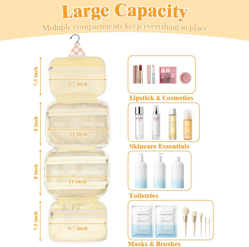 Fammart Hanging Travel Toiletry Bag for Women, Waterproof Travel Essentials with Hook, Multi-compartment Checkered Makeup Cosmetic Bag Organizer for Accessories, Shampoo, Leakproof Wet Dry Separation