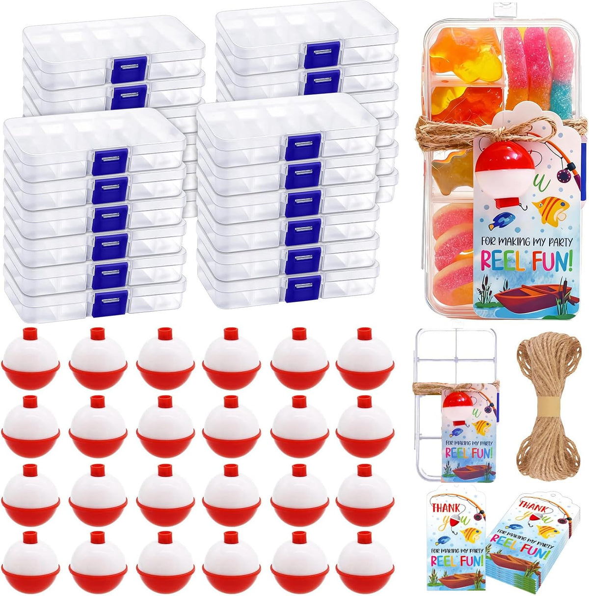 24 Set Fishing Candy Little Tackle Boxes for Birthday Party Favors with 24 Fishing Bobber 24 Thank You Cards for Making My Party Reel Fun Gone Fishing Theme Supplies Fishing Decorations (24)
