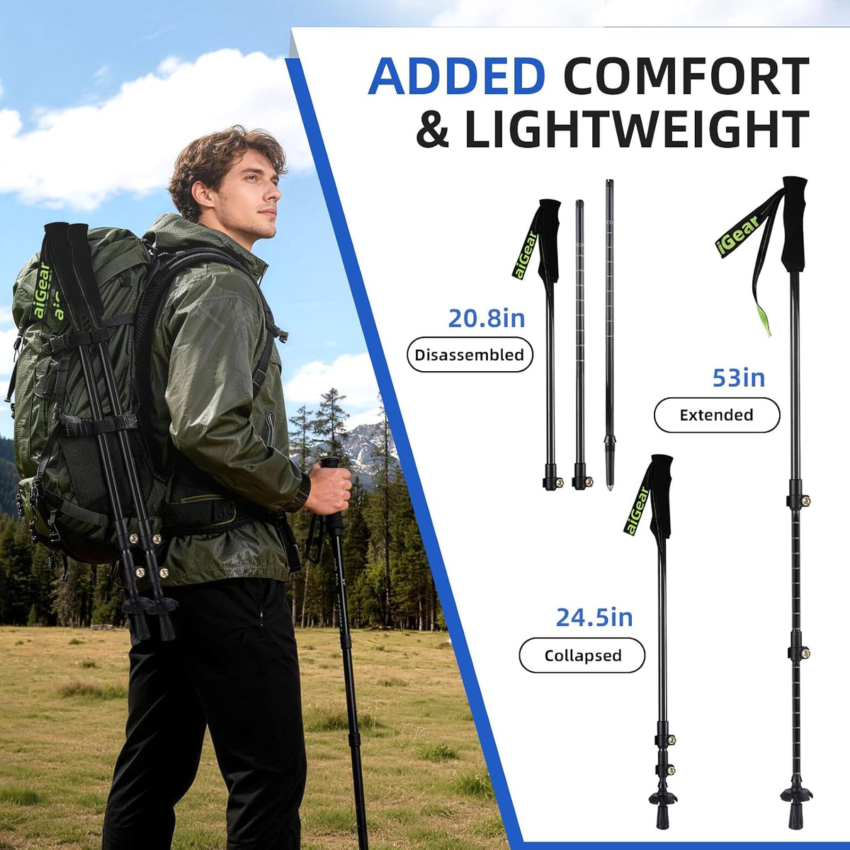 aiGear Carbon Fiber Trekking Poles, Collapsible Hiking Poles, 24-53 in