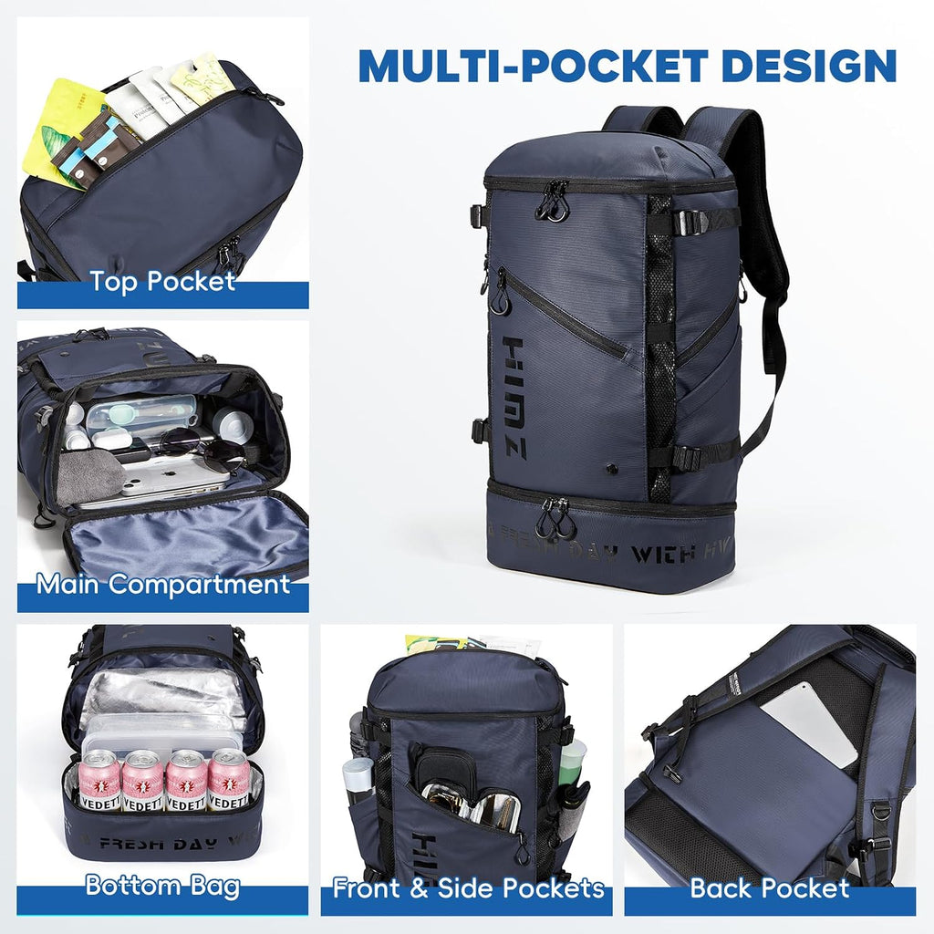 Waterproof Camping Backpack with Lunch Compartment, Mens Backpack Insulated for Work, 17 inch Laptop Bag, Carry On Backpacks for Airplane Beach Travel, Blue