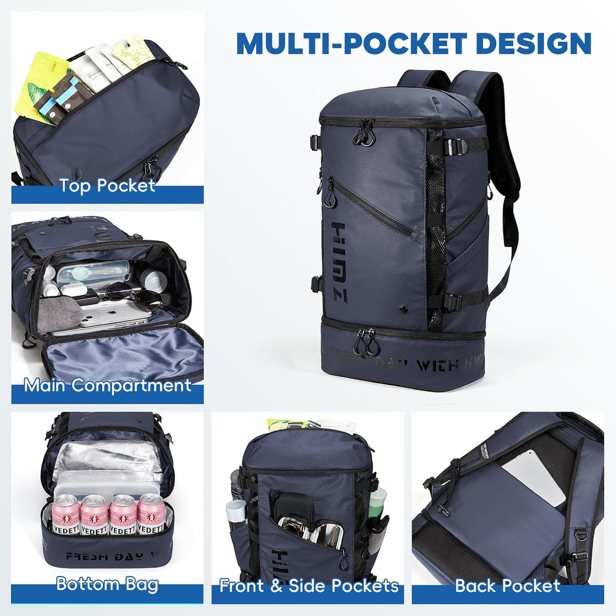Waterproof Camping Backpack with Lunch Compartment, Mens Backpack Insulated for Work, 17 inch Laptop Bag, Carry On Backpacks for Airplane Beach Travel, Blue