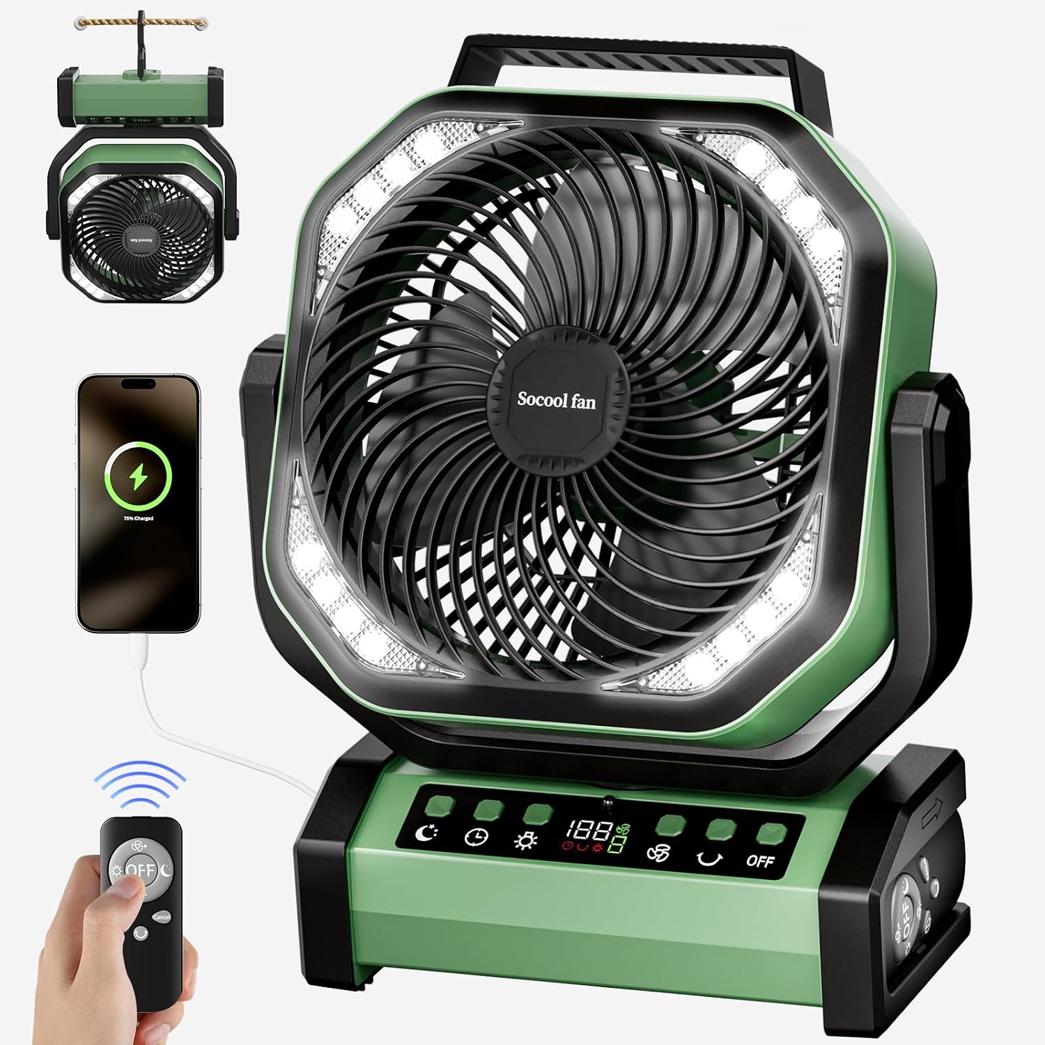 Socool Camping Fan with Light, 20000mAh Rechargeable Battery Fan with Remote, 112Hrs & 8 Speeds, Digital Display, Timer, Auto Oscillation, 270° Pivot & Hook for Outdoor Tent, Hurricane, Power Outage