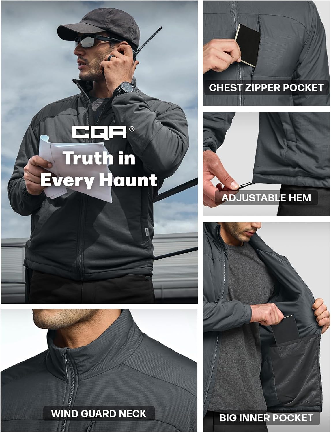CQR Men's Lightweight Warm Insulated Jacket, Windproof Water Resistant Winter Active Coat for Hiking Work Outdoor Tactical