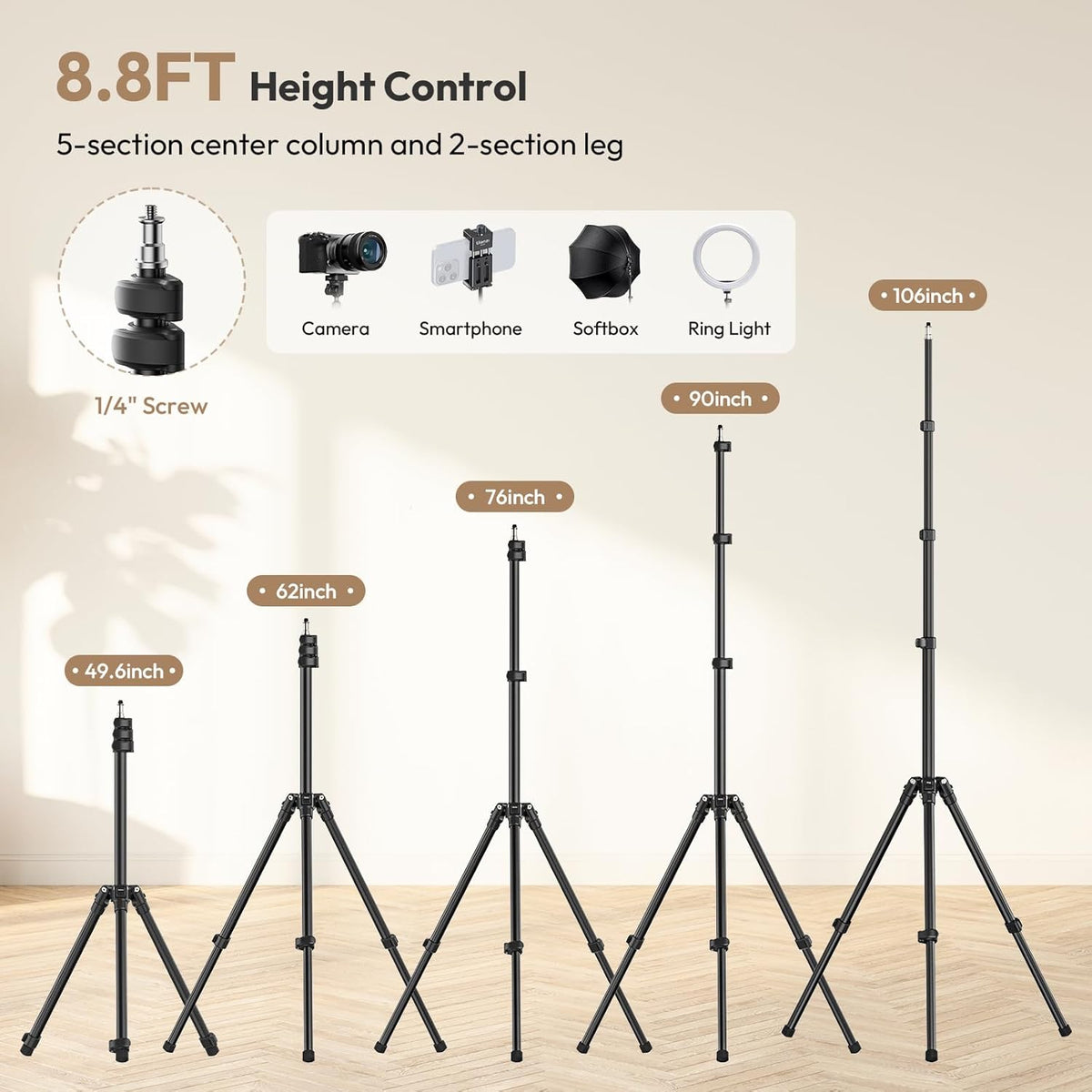 ULANZI T270 Light Stand - 8.8FT/270cm Adjustable Photography Light Stand Tripod, Aluminum Portable Studio Lighting Stand for Softbox, LED Video Light, Reflector, Strobe, Photo Video Photography
