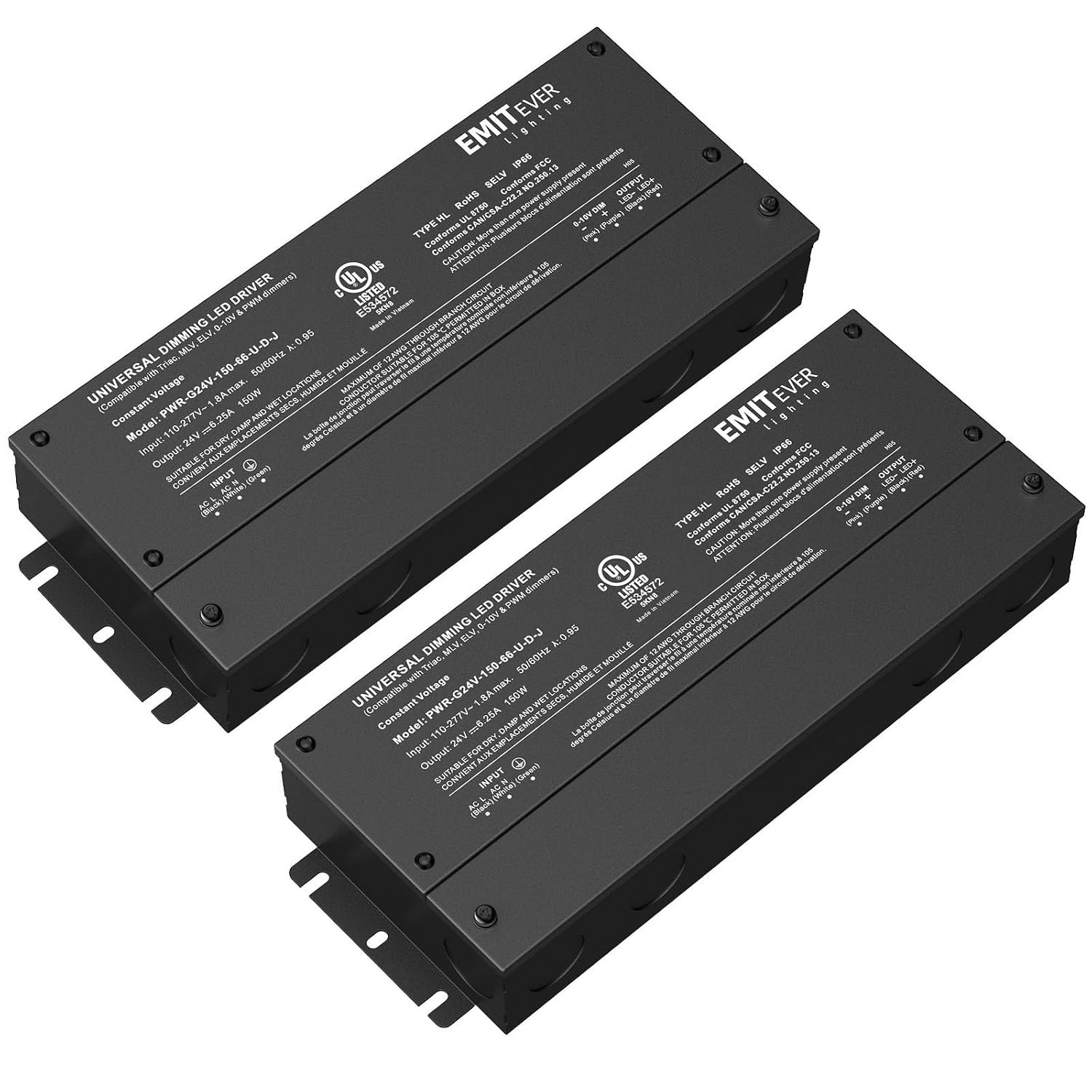 EMITEVER 2-Pack 150W 24V 5-in-1 Dimmable LED Driver, AC 110-277V to DC