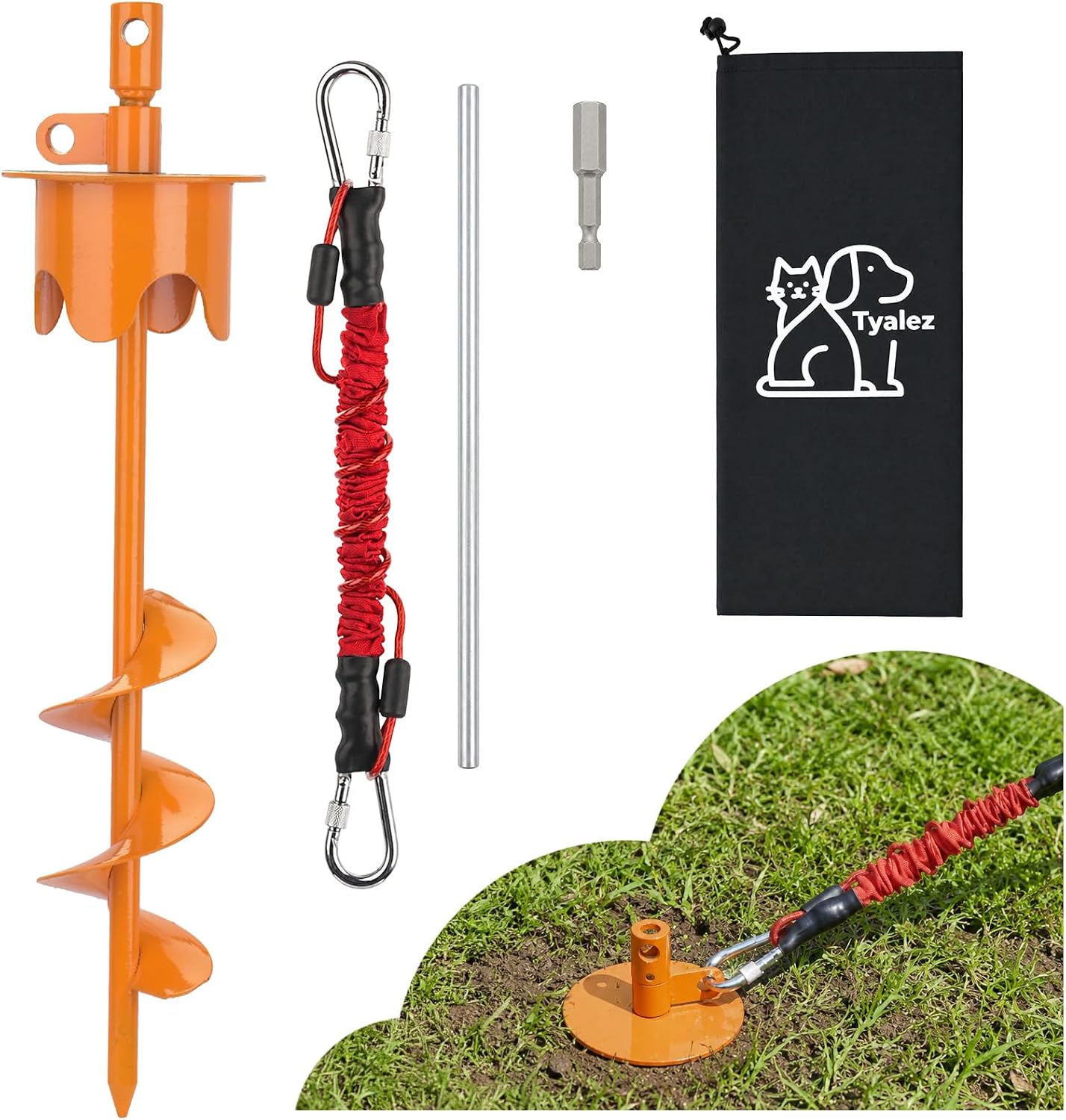 17" Heavy Duty Dog Tie Out Stake & Buffer Rope for Large Dogs