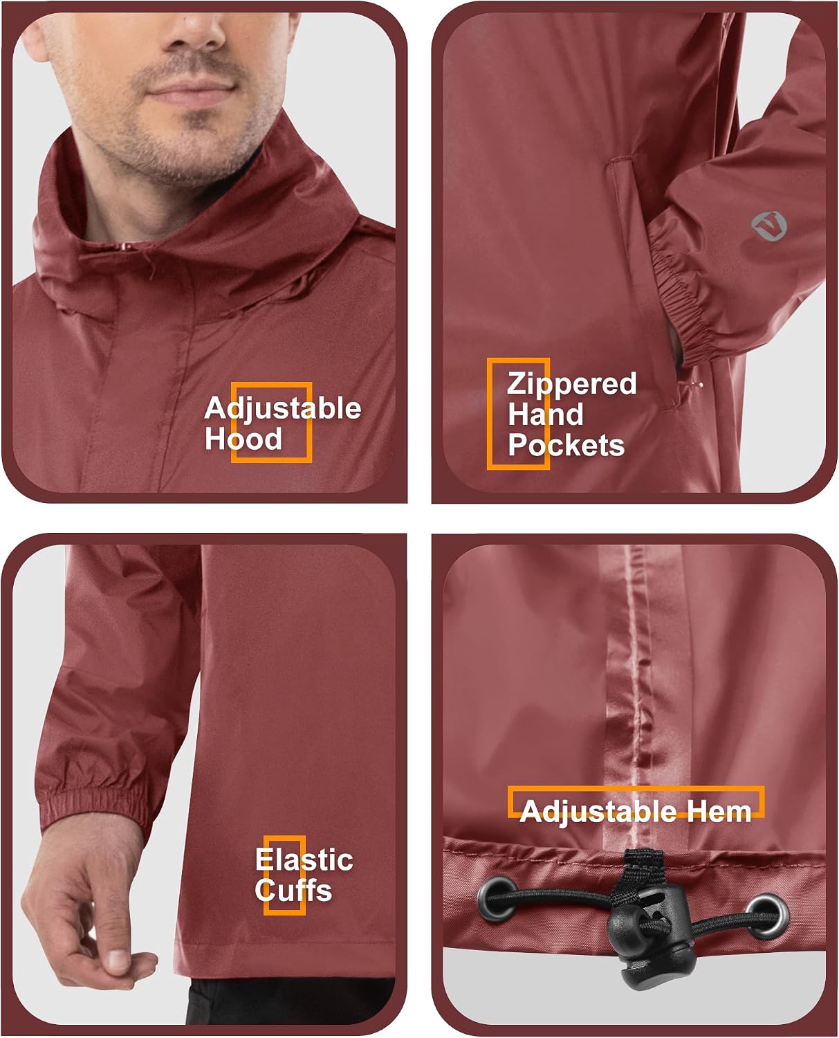 Outdoor Ventures Men's Rain Jacket Waterproof Lightweight Packable Pullover