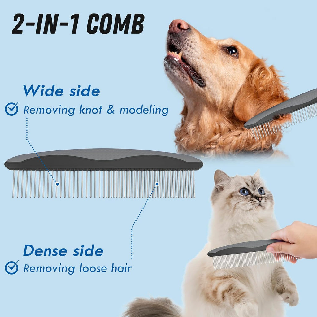 Docrok Pet Grooming Brush and Metal Comb Combo for Dogs & Cats, Gray