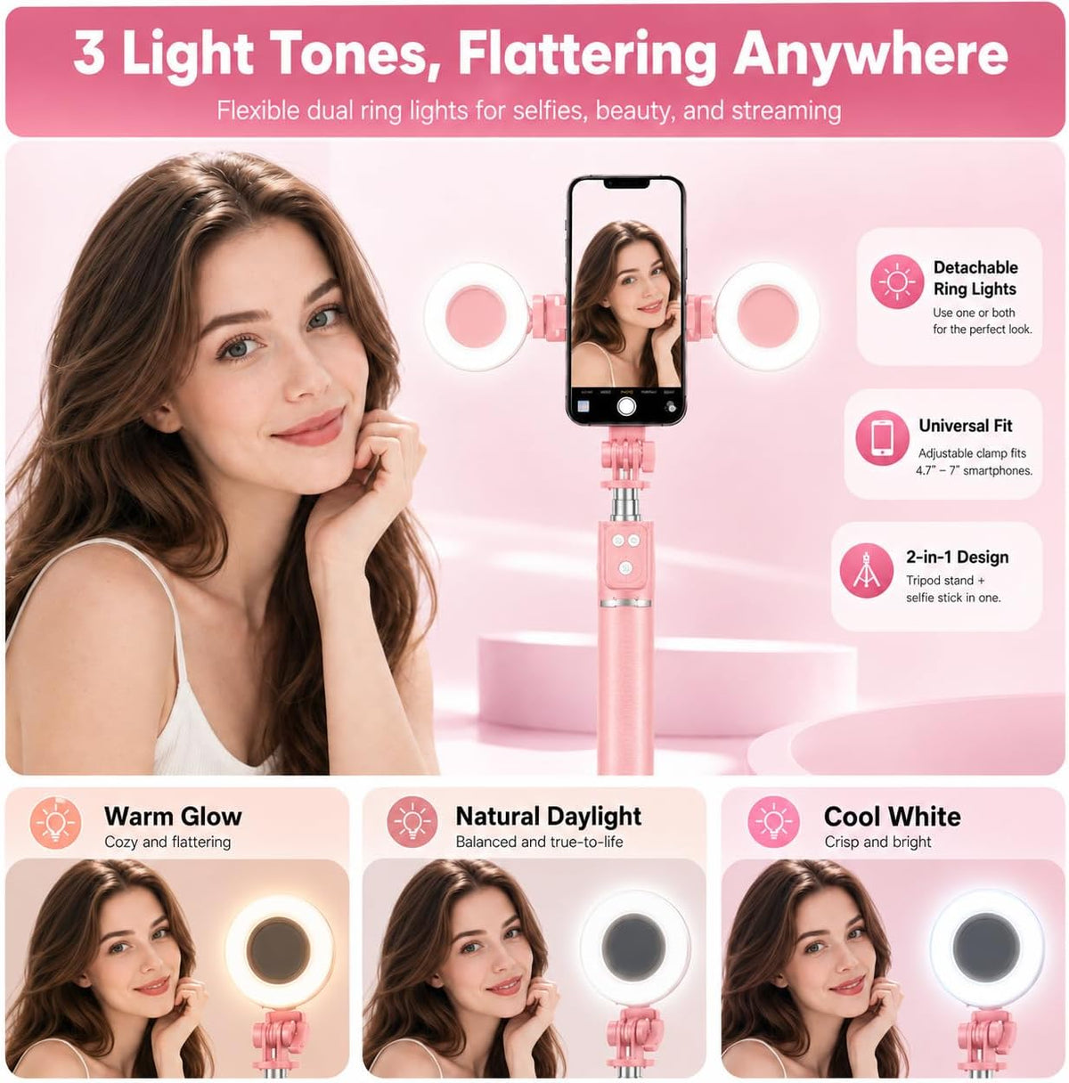 Tripod for iPhone with Light, Selfie Stick for iPhone, Pink Tripod Stand