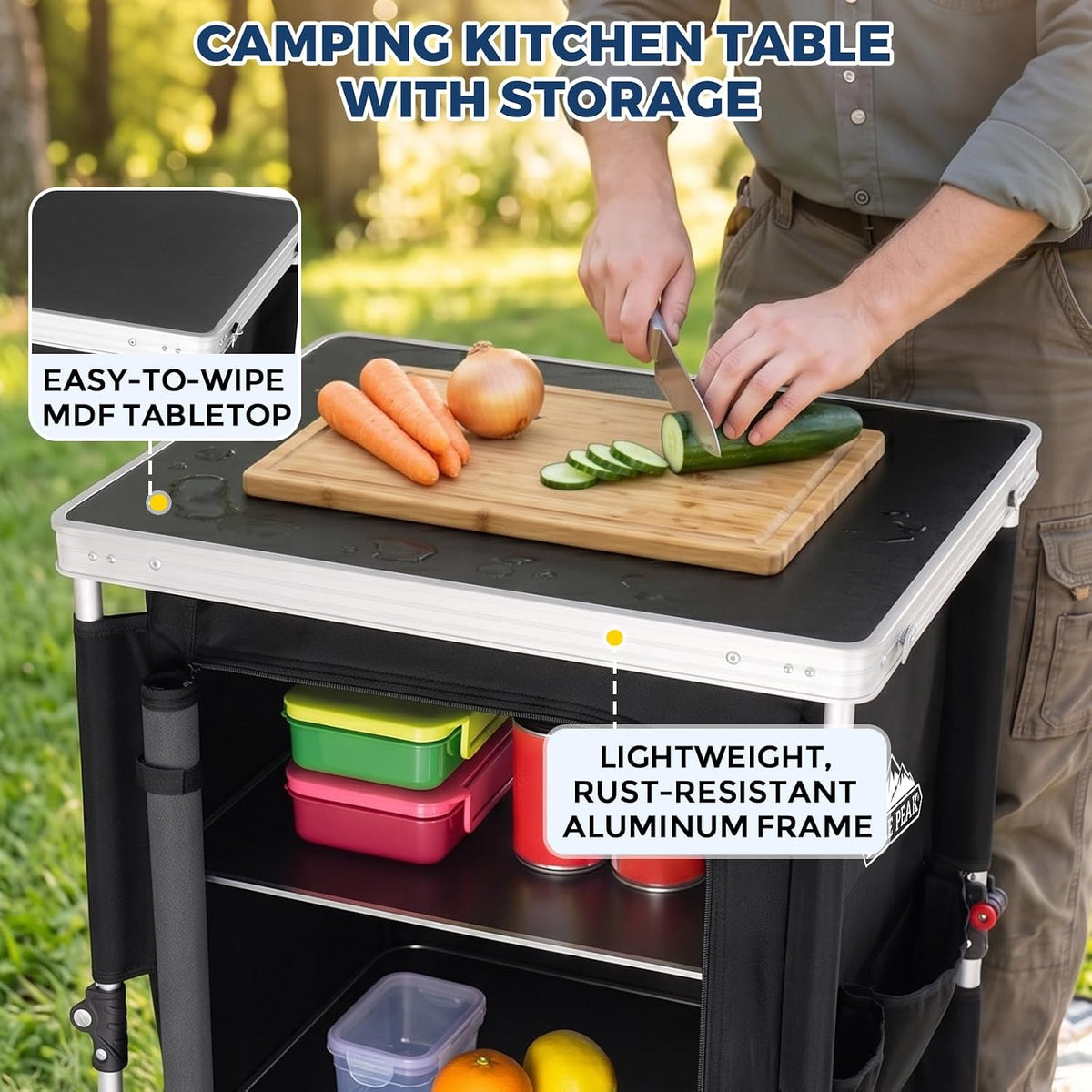 EAGLE PEAK Outdoor Folding Camping Table with Large 3-Tier Storage Organizer and Side Pockets, Easy Set Up Portable Aluminum Camping Kitchen, Black
