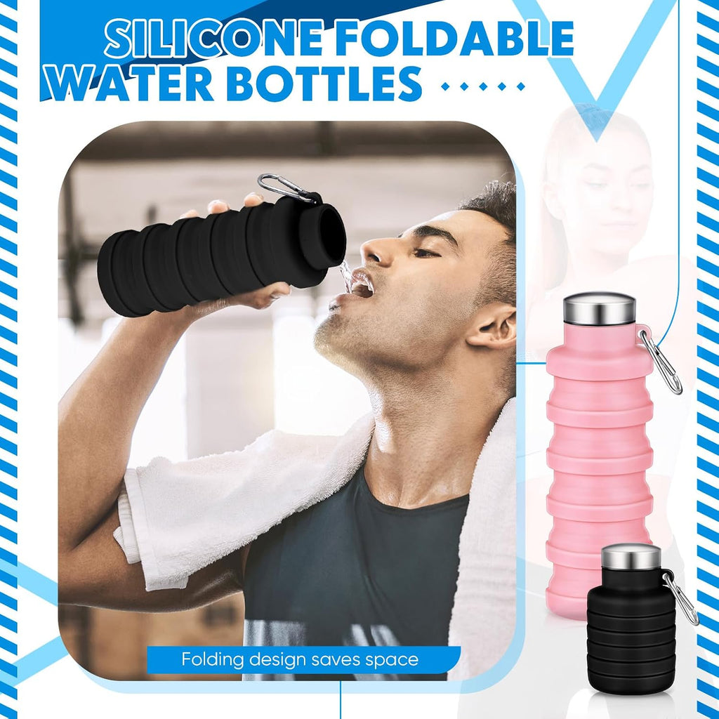 Baderke 2 Pcs Collapsible Water Bottles, 17oz, Pink, Black