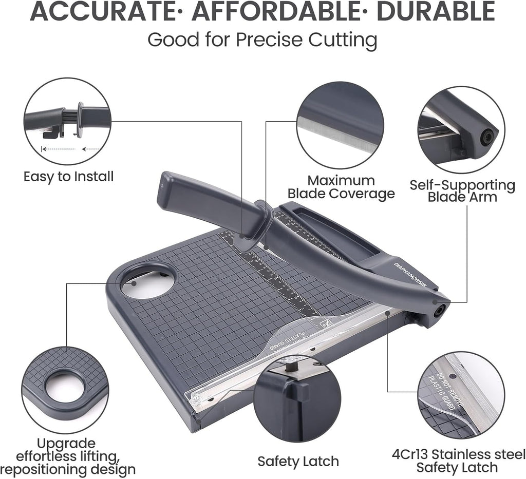 12" Paper Cutter, Precision Cut with Safety Protection and Blade Lock, 12 Sheets Capacity, Great for Cardstock, Cardboard, Photo, Vinyl, Crafts, Scrapbook (Grey)