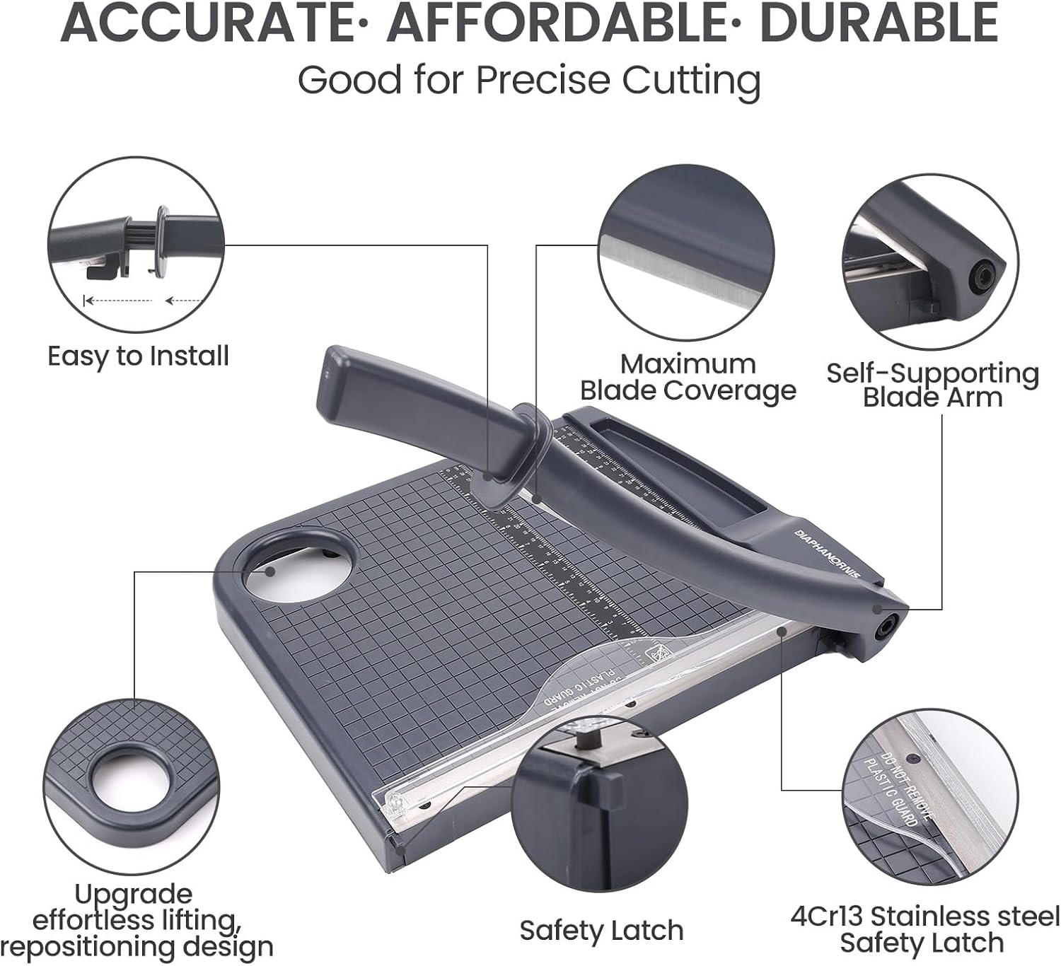 12" Paper Cutter, Precision Cut with Safety Protection and Blade Lock, 12 Sheets Capacity, Great for Cardstock, Cardboard, Photo, Vinyl, Crafts, Scrapbook (Grey)