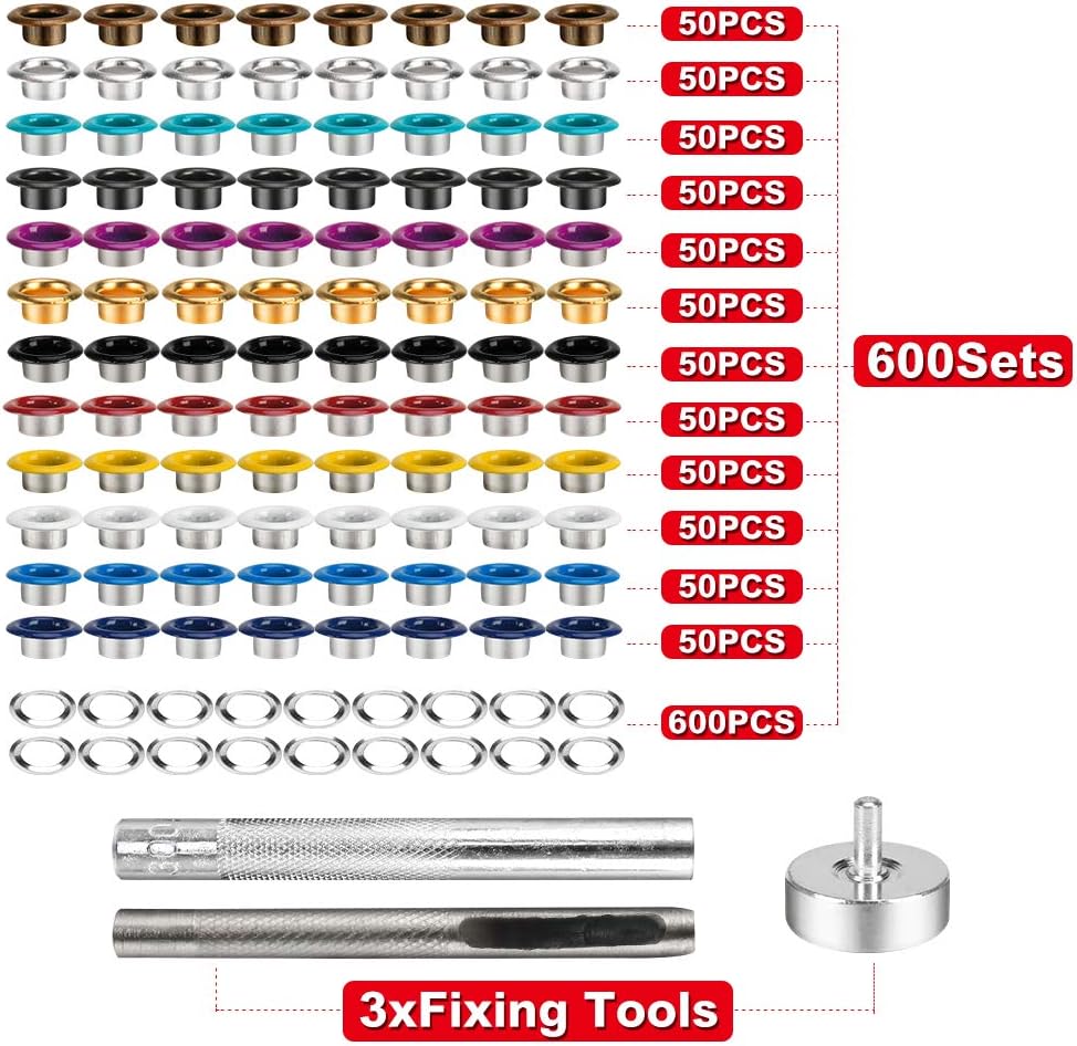 Metal Eyelets, 600Pcs 12 Colors 3/16 inch Metal Grommets Kit, Multi-Color Grommets Kit, Metal Eyelets Set with 3 Pieces Installation Tool and Storage Box for DIY Shoes Clothes Crafts Bag