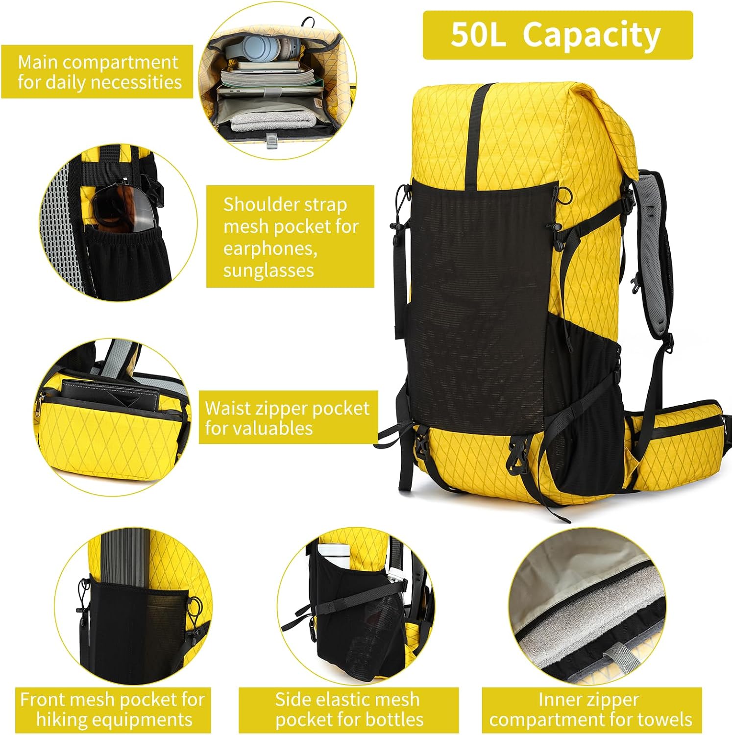 Hiking Backpack,40L to 50L Extra Large Capacity Hiking Bag,Internal Frame Camping Backpack,Upgraded X-PAC Lightweight Sport Daypack Travel Backpack Fit For Mountain Climbing Camping(Yellow)