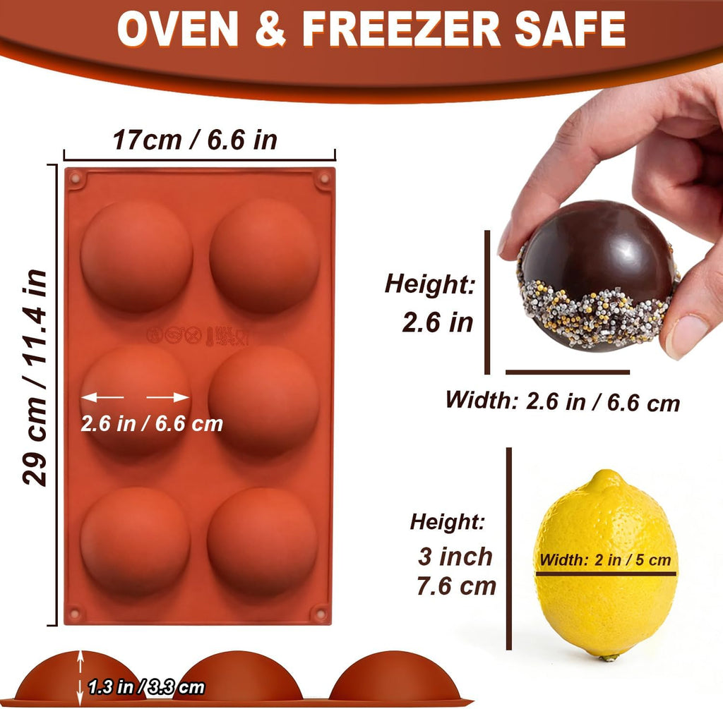 Lerykin 2 Pack Large 6-Cavity Semi Sphere Silicone Molds, Non-Stick Baking Mold for Making Standard Size Hot Chocolate Bomb, Cake, Jelly, Dome Mousse