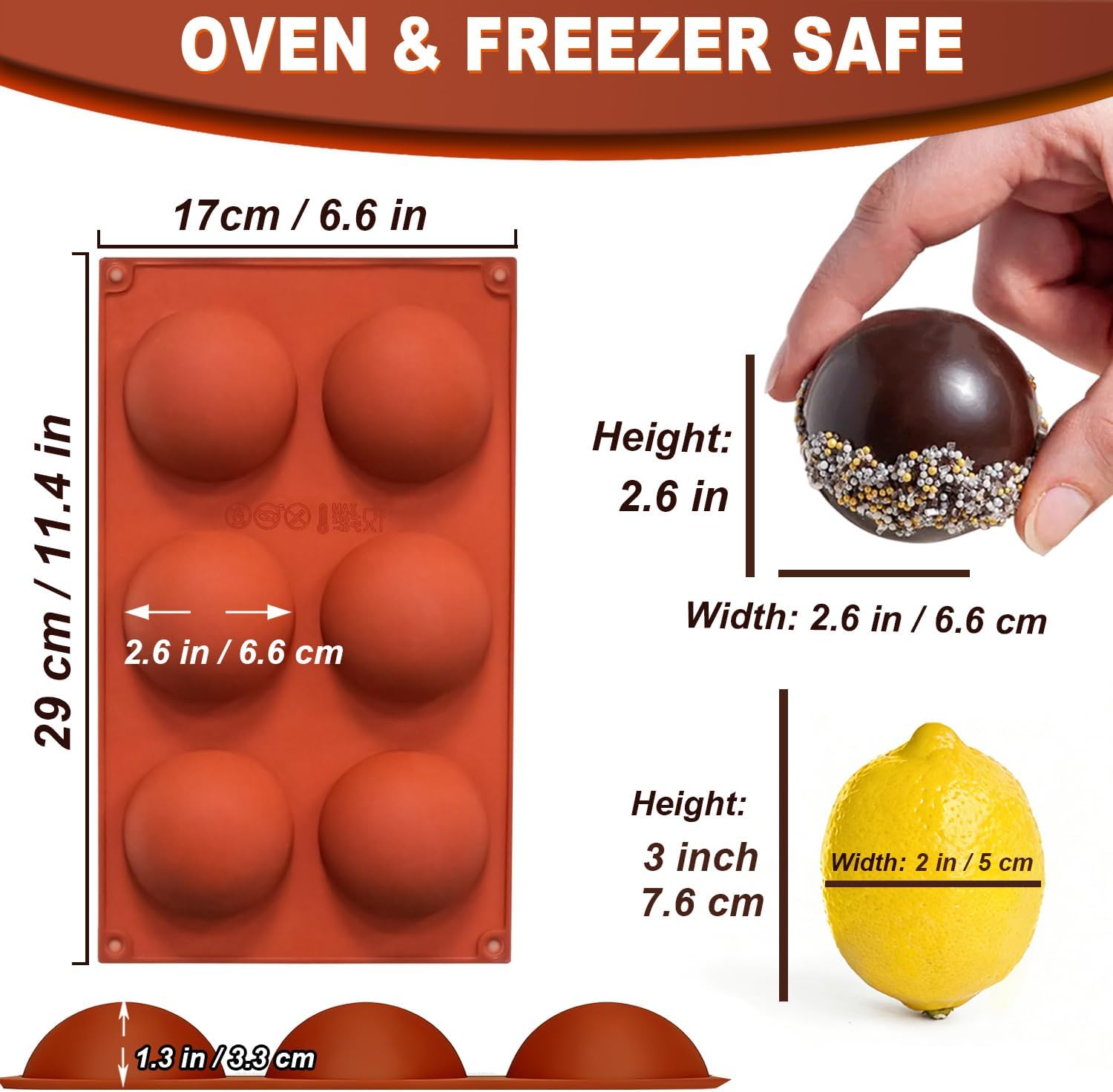 Lerykin 2 Pack Large 6-Cavity Semi Sphere Silicone Molds, Non-Stick Baking Mold for Making Standard Size Hot Chocolate Bomb, Cake, Jelly, Dome Mousse