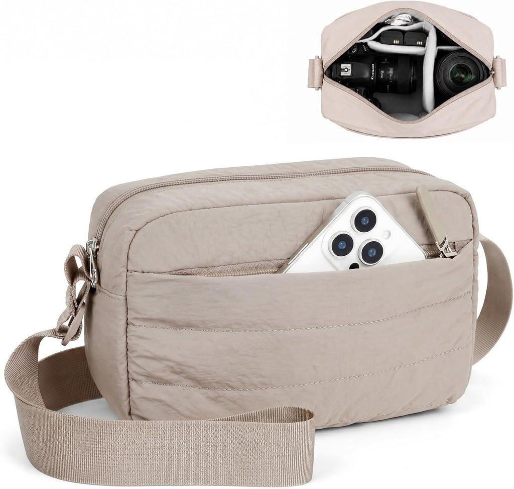 FHELAD Small Crossbody Bag for Women, Compact Puffer Camera Bag With Padded and Theft Zipper for Photographer, Travel (Coffee)