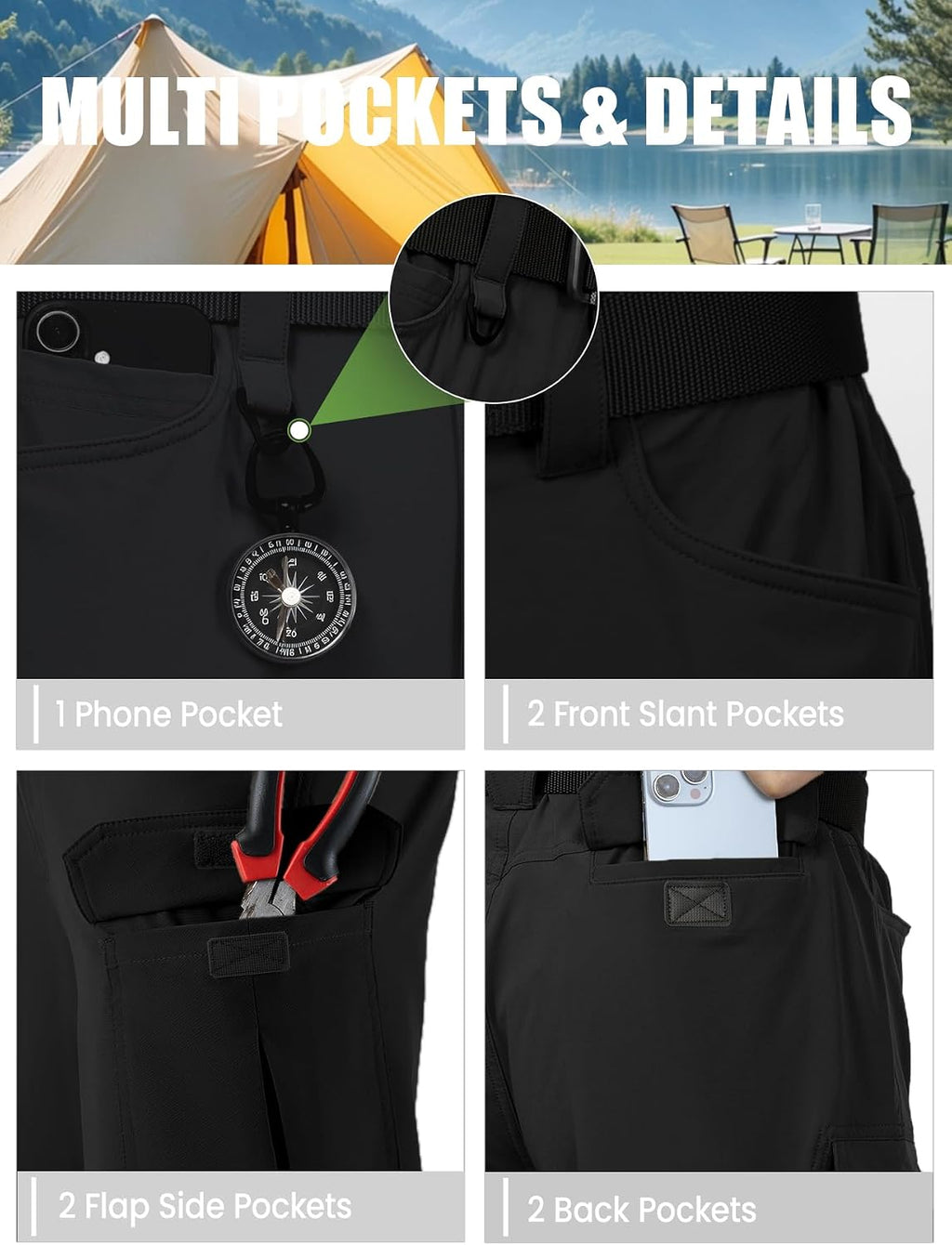 Men's Convertible Hiking Pants with 7 Pockets, Zip-Off Quick-Dry