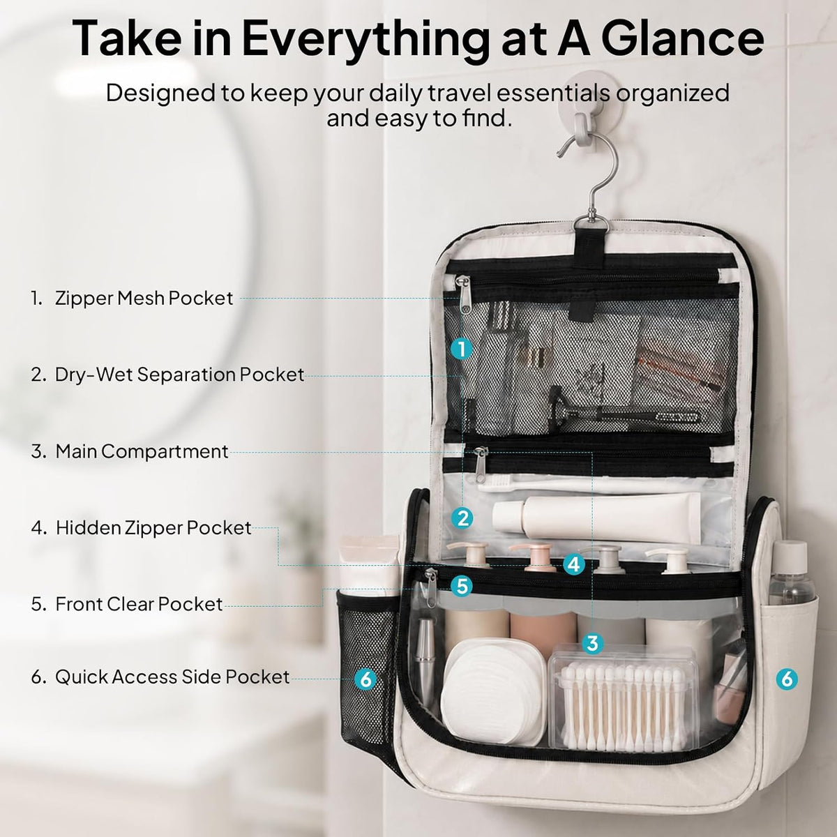 Travel Toiletry Bag for Women & Men, Waterproof Hanging Makeup Organizer