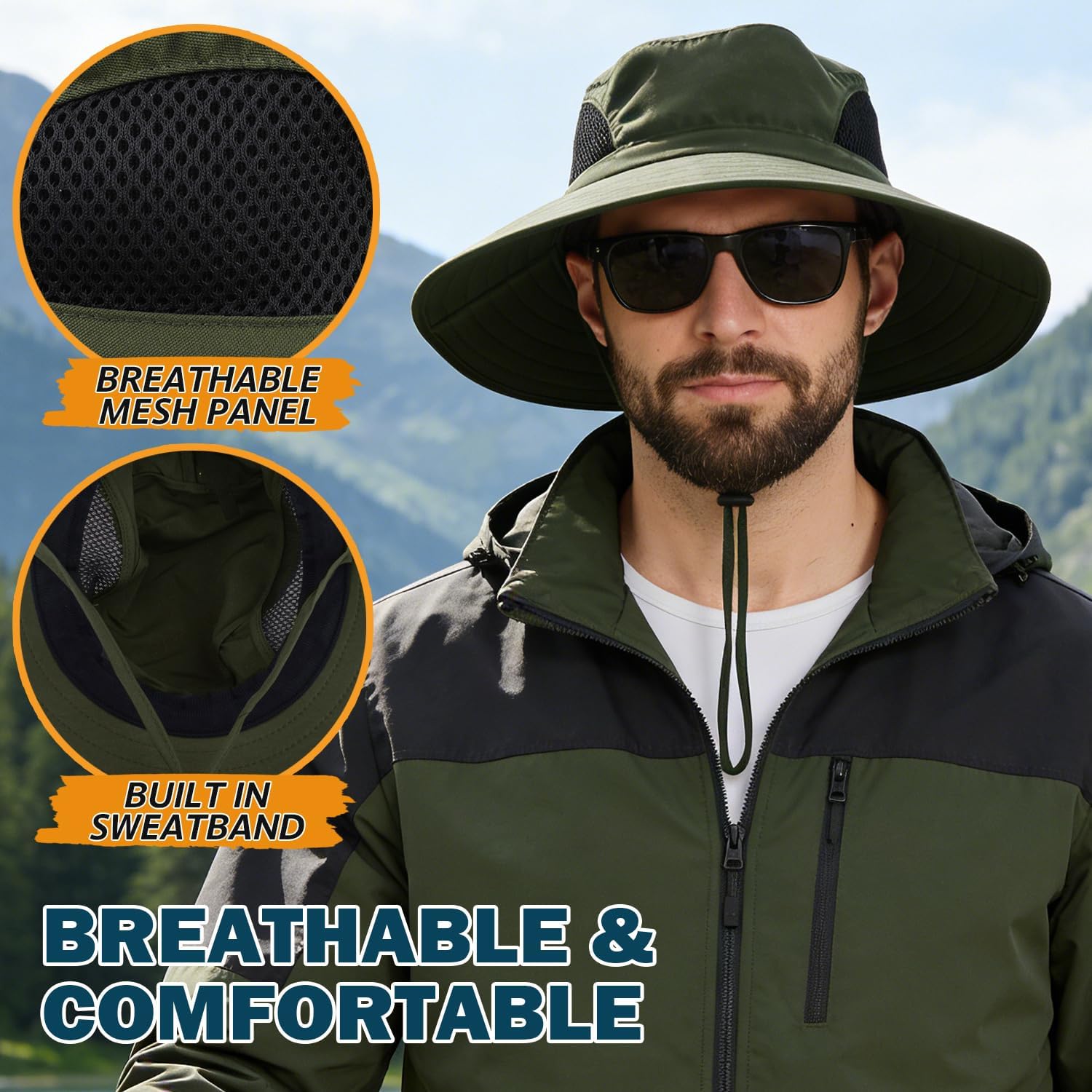 Wide Brim Sun Bucket Hat, Waterproof Boonie Hat for Men & Women
