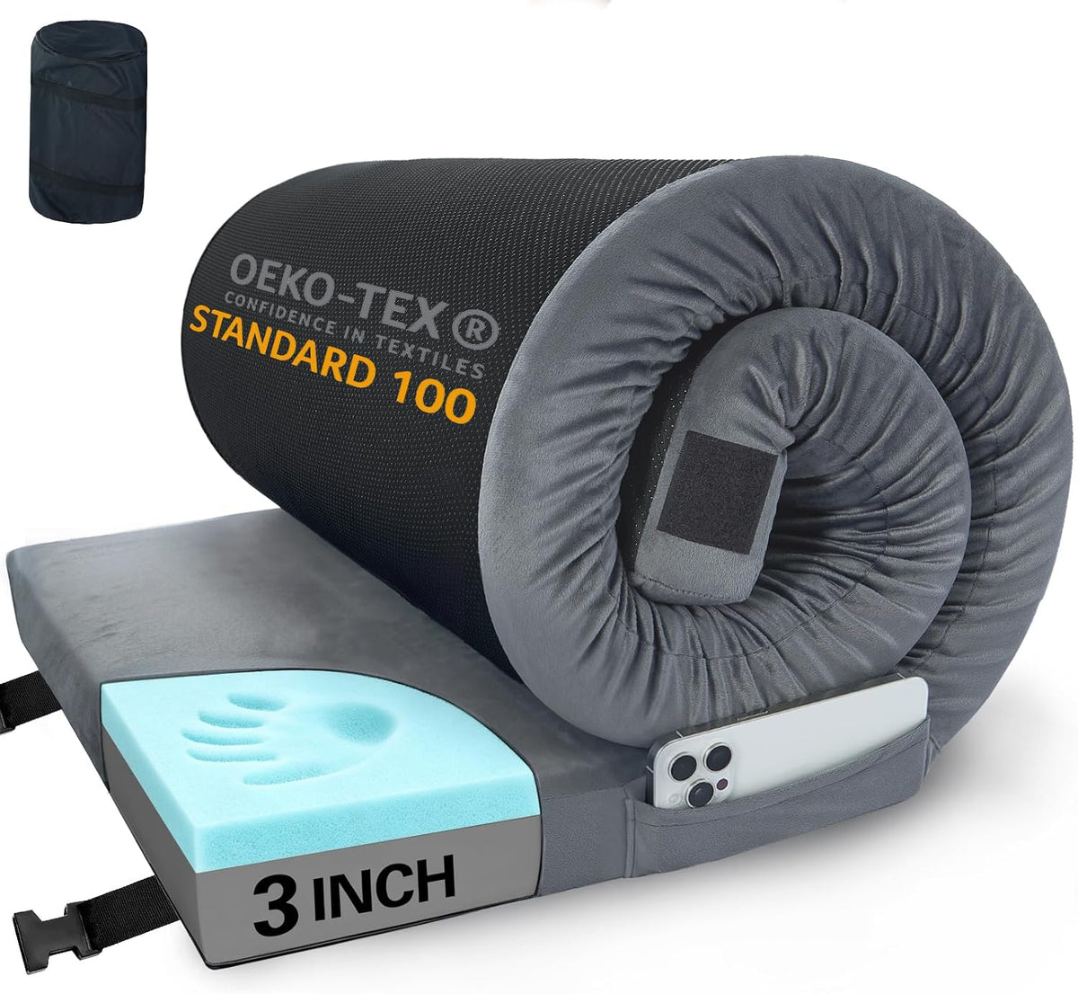 Memory Foam Camping Mattress Pad 3 inch,CertiPUR-US Sleeping Mat with Non-Slip Bottom,Portable Roll up Mattress Mats for Camping,Tent,Treavle,Car,Floor Bed,Dark Grey