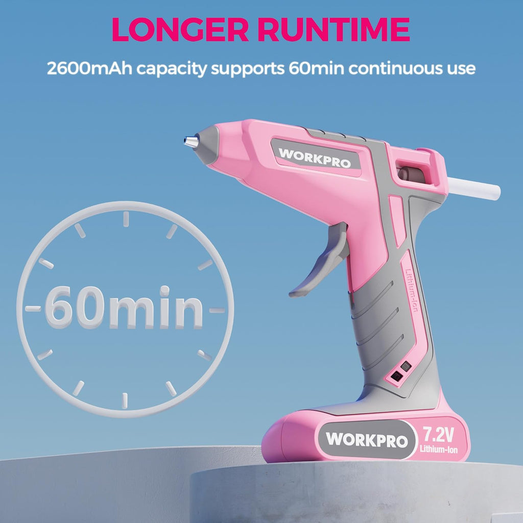 WORKPRO Pink Cordless Hot Melt Glue Gun with 20 Pcs Mini Glue Sticks