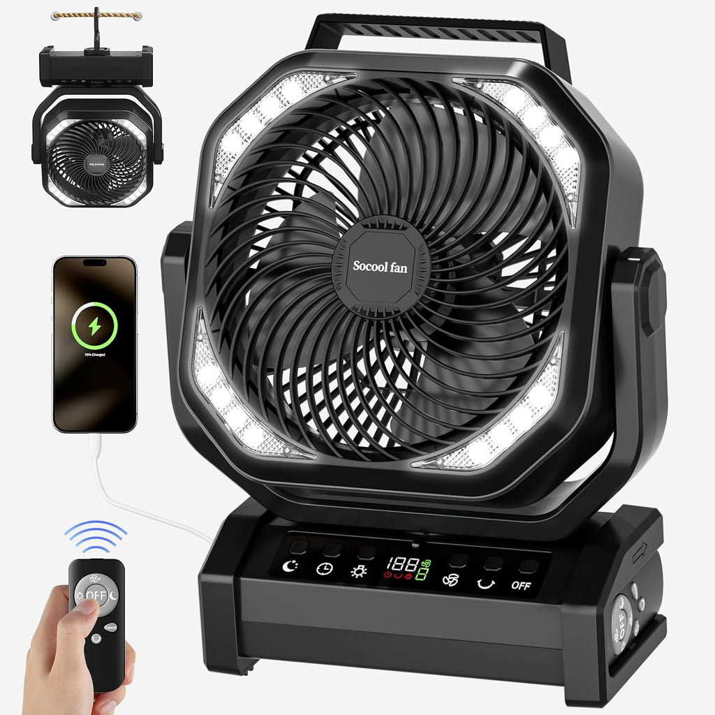 Socool Camping Fan with Light, 20000mAh Rechargeable Battery Fan with Remote, 112Hrs & 8 Speeds, Digital Display, Timer, Auto Oscillation, 270° Pivot & Hook for Outdoor Tent, Hurricane, Power Outage